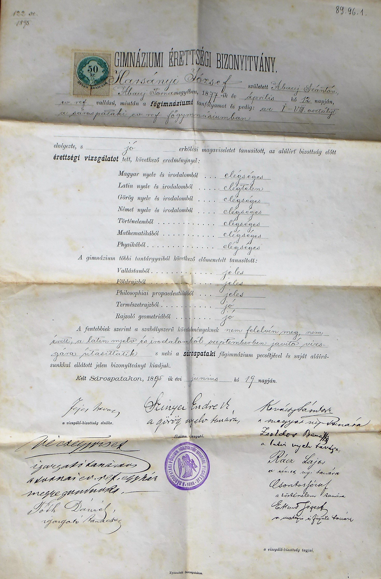 Gimnáziumi érettségi bizonyítvány Sárospatakról 1895-ből (Tapolcai Városi Múzeum CC BY-NC-SA)