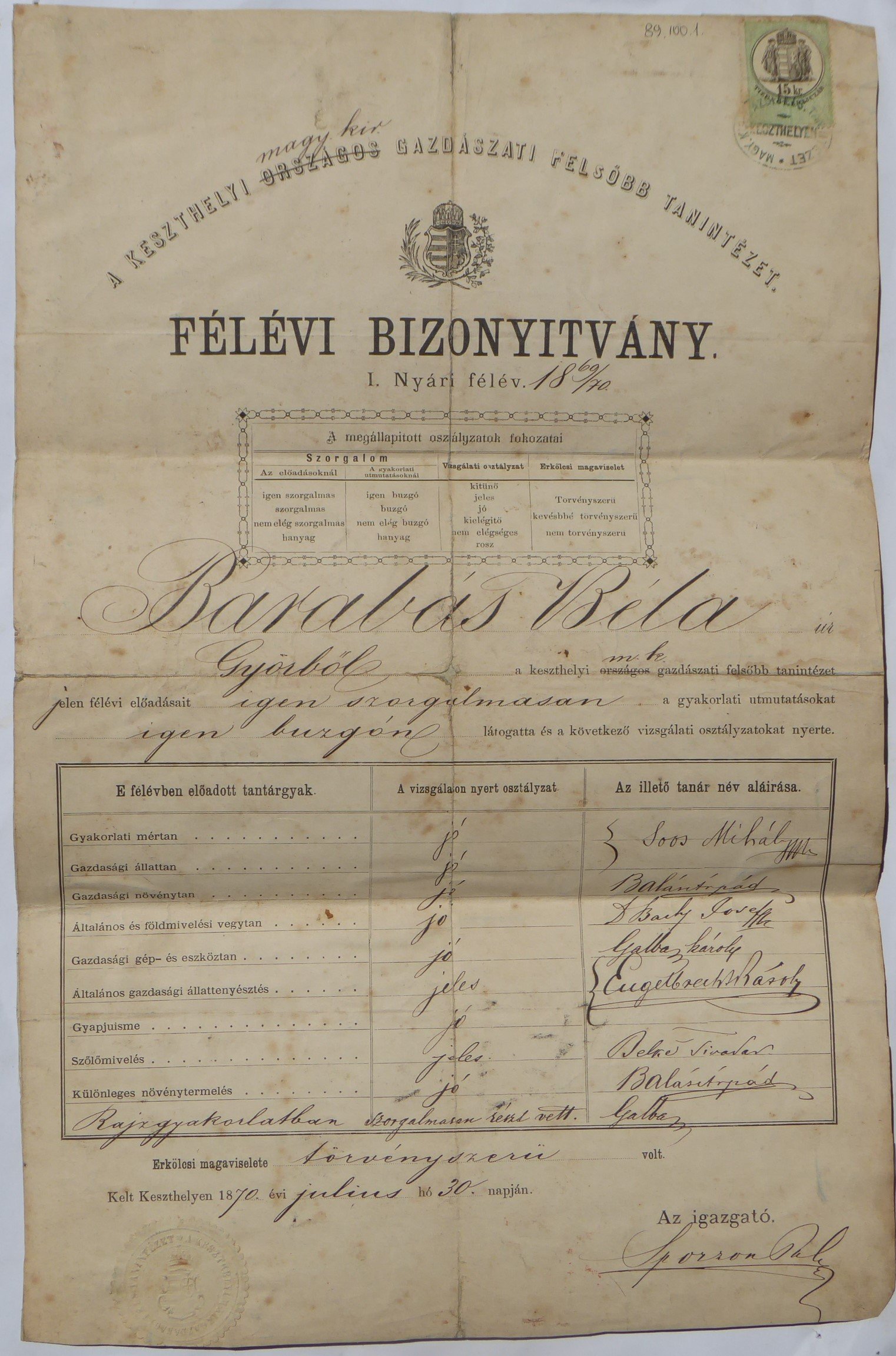 A keszthelyi gazdászati tanintézet bizonyítványa 1869-1870 (Tapolcai Városi Múzeum CC BY-NC-SA)