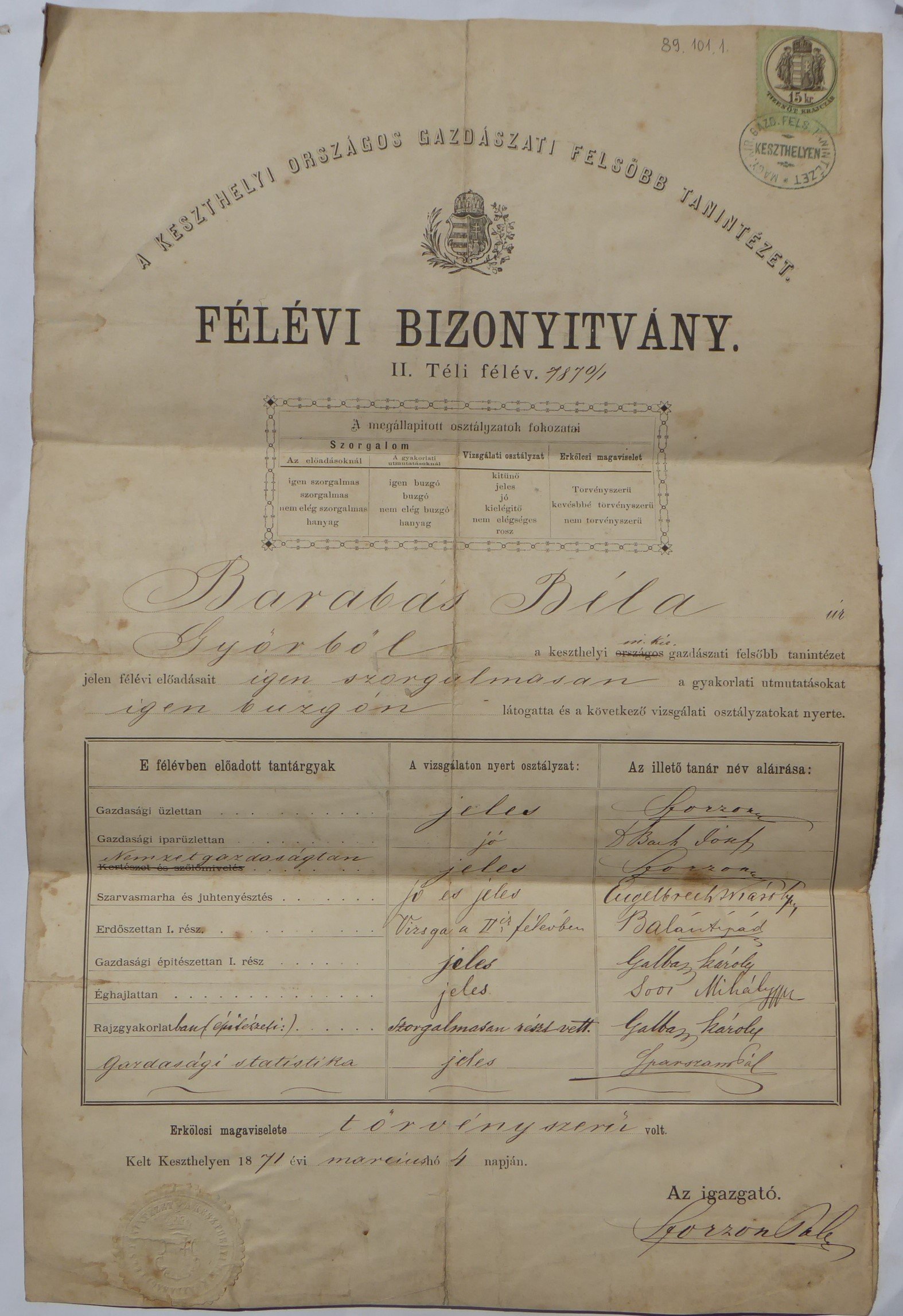 keszthelyi gazdászati tanintézet bizonyítványa 1870-1871 (Tapolcai Városi Múzeum CC BY-NC-SA)