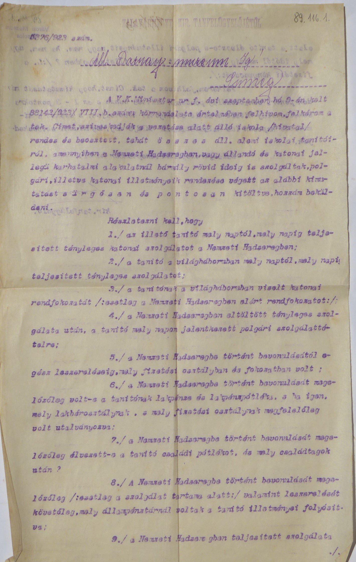 A zalai tanfelügyelő katonai illetményekkel kapcsolatos levele (Tapolcai Városi Múzeum CC BY-NC-SA)