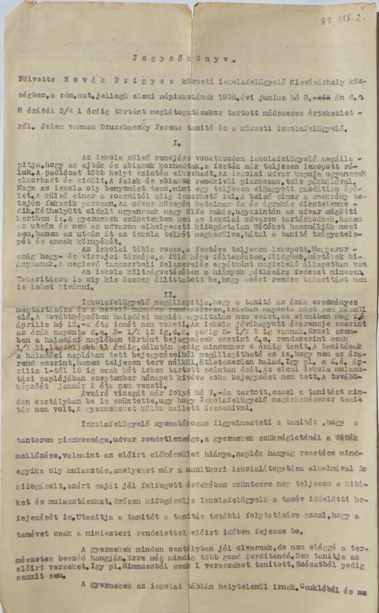 Iskolalátogatási jegyzőkönyv Kisvásárhelyről 1936 (Tapolcai Városi Múzeum CC BY-NC-SA)