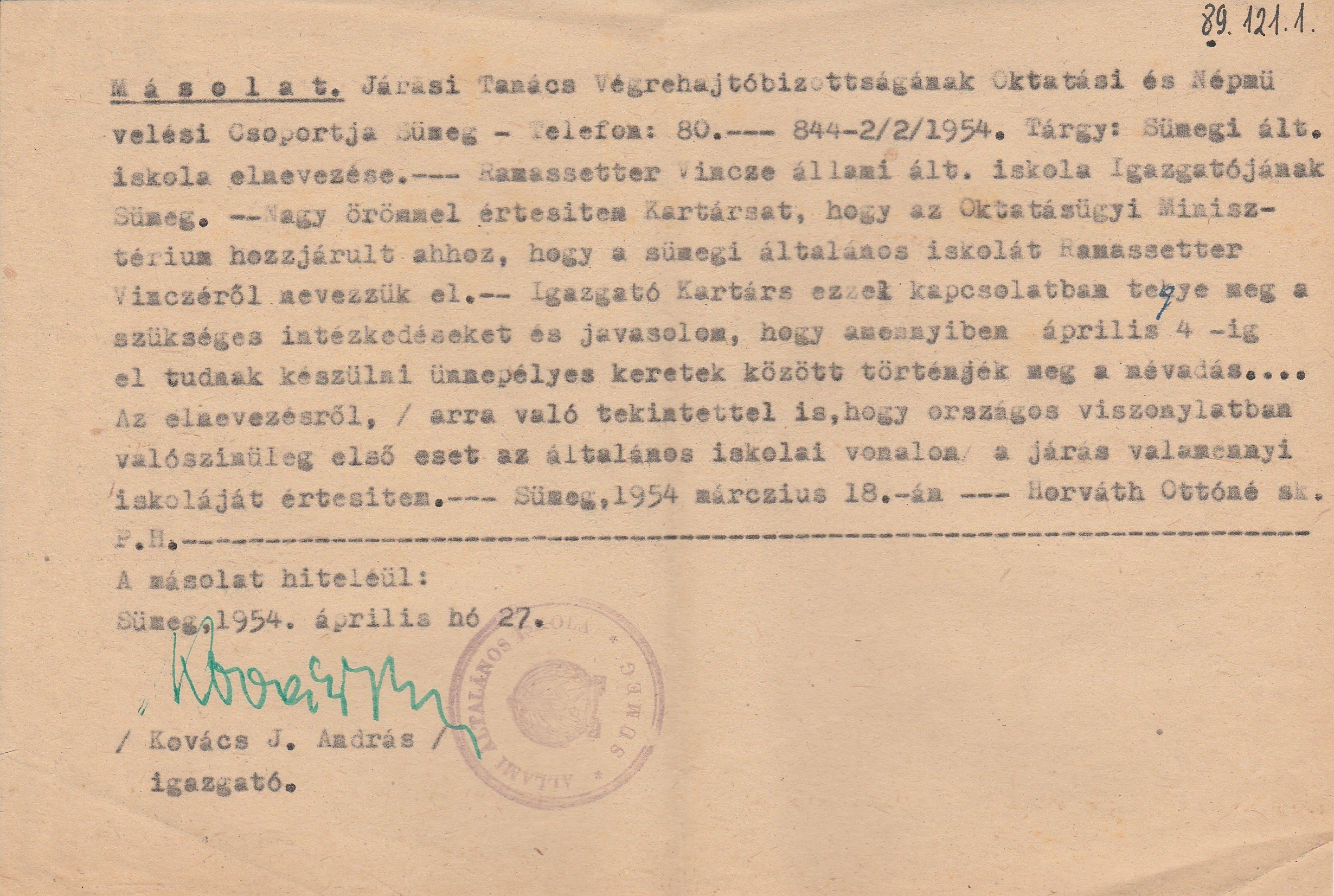 Hivatalos hozzájárulás másolata a Ramassetter Ált. Iskola névadásáról (Tapolcai Városi Múzeum CC BY-NC-SA)