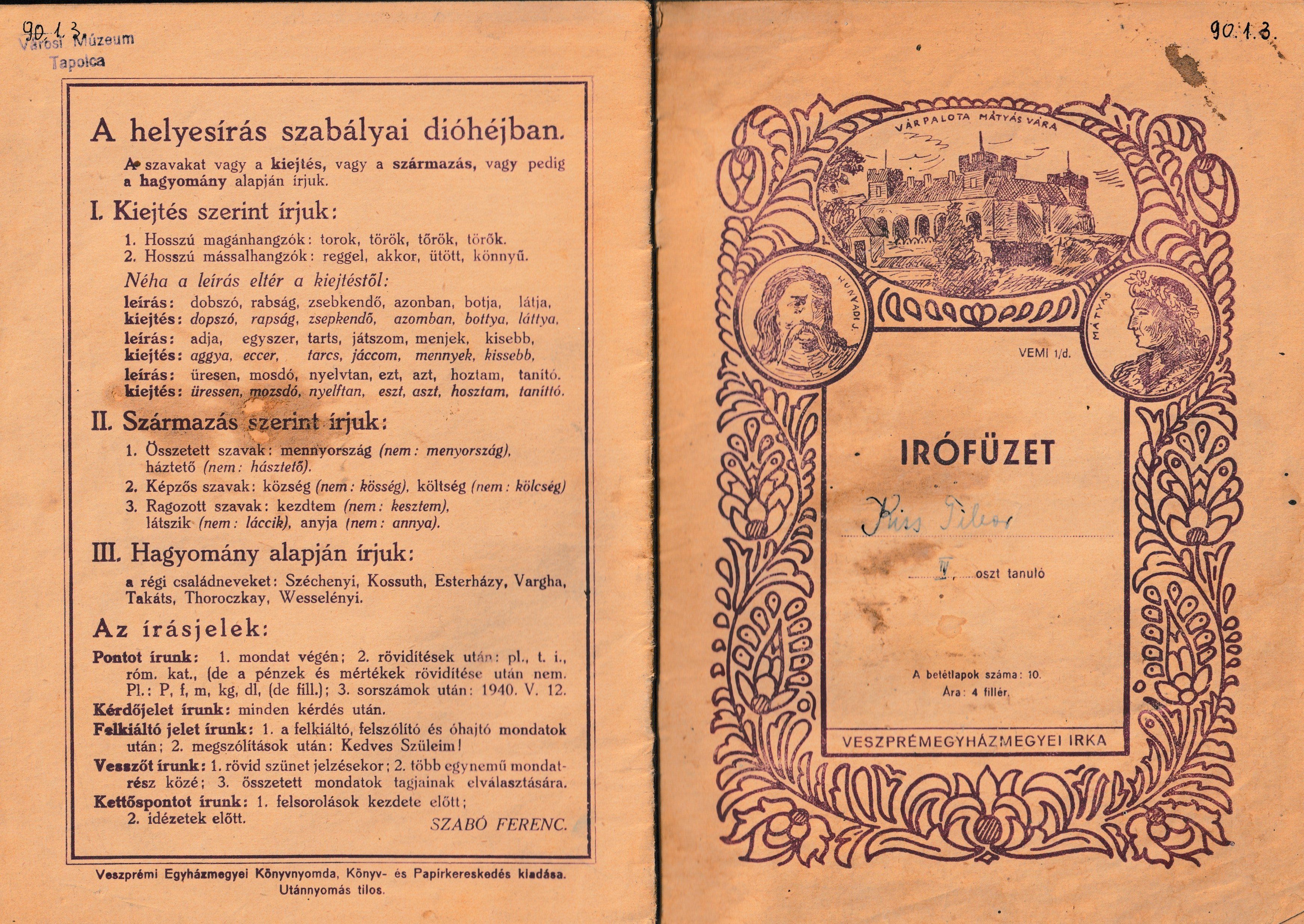 IV. osztályos írófüzet (Tapolcai Városi Múzeum CC BY-NC-SA)