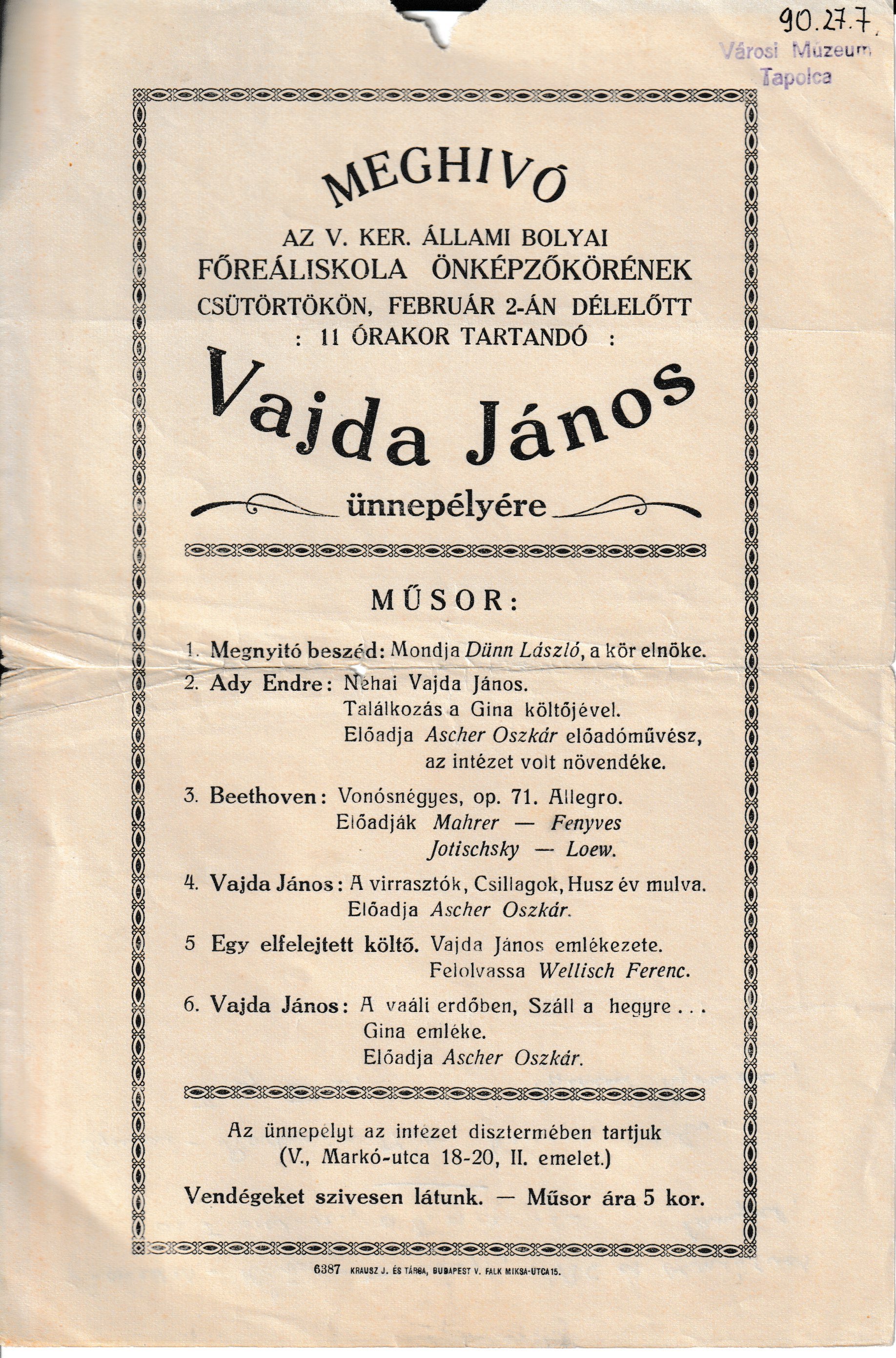 Meghívó iskolai Vajda János ünnepélyre (Tapolcai Városi Múzeum CC BY-NC-SA)