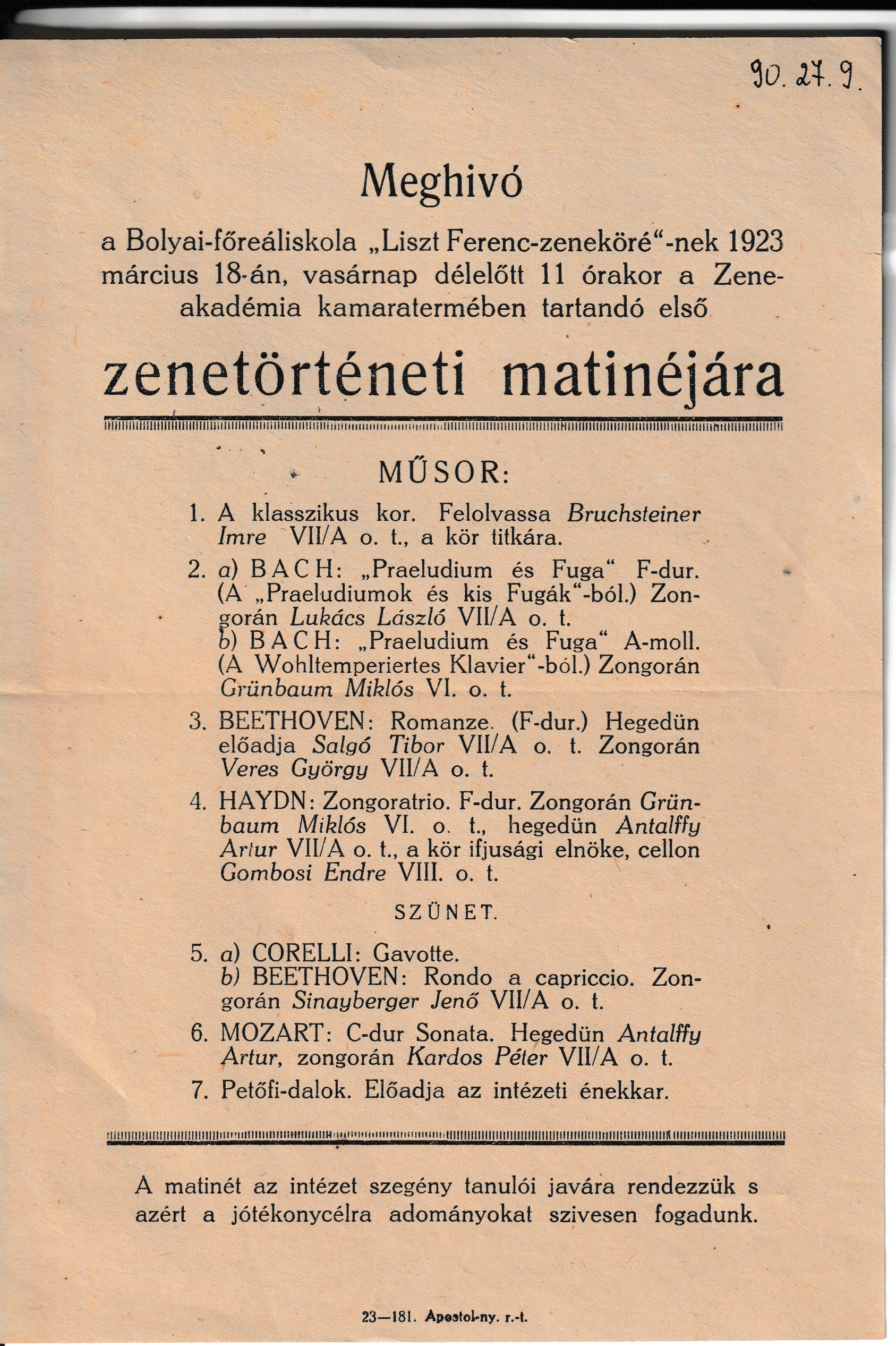 Meghívó iskolai zenetörténeti matinéra (Tapolcai Városi Múzeum CC BY-NC-SA)