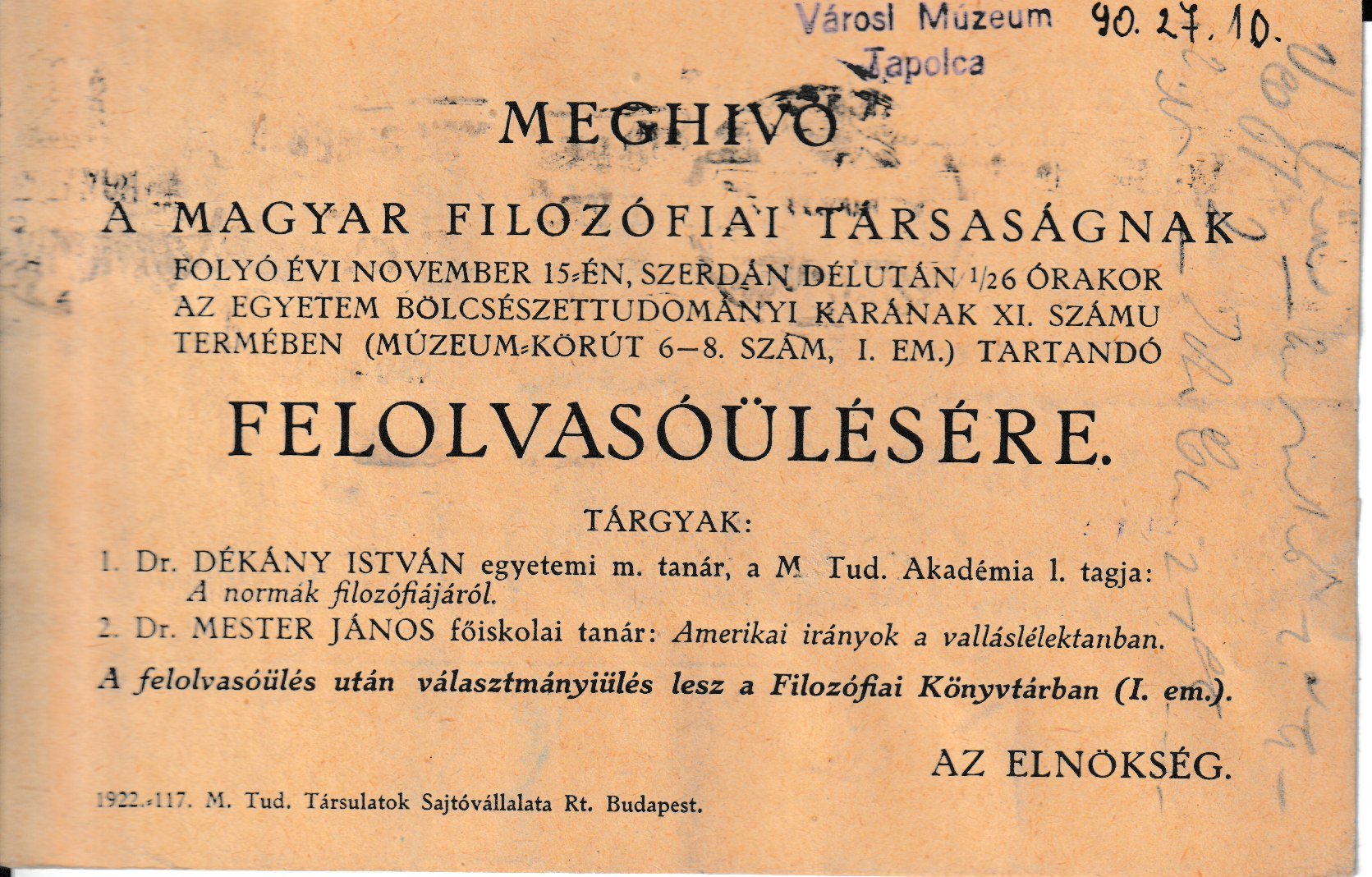 Meghívó a filozófiai társaság felolvasóestjére (Tapolcai Városi Múzeum CC BY-NC-SA)