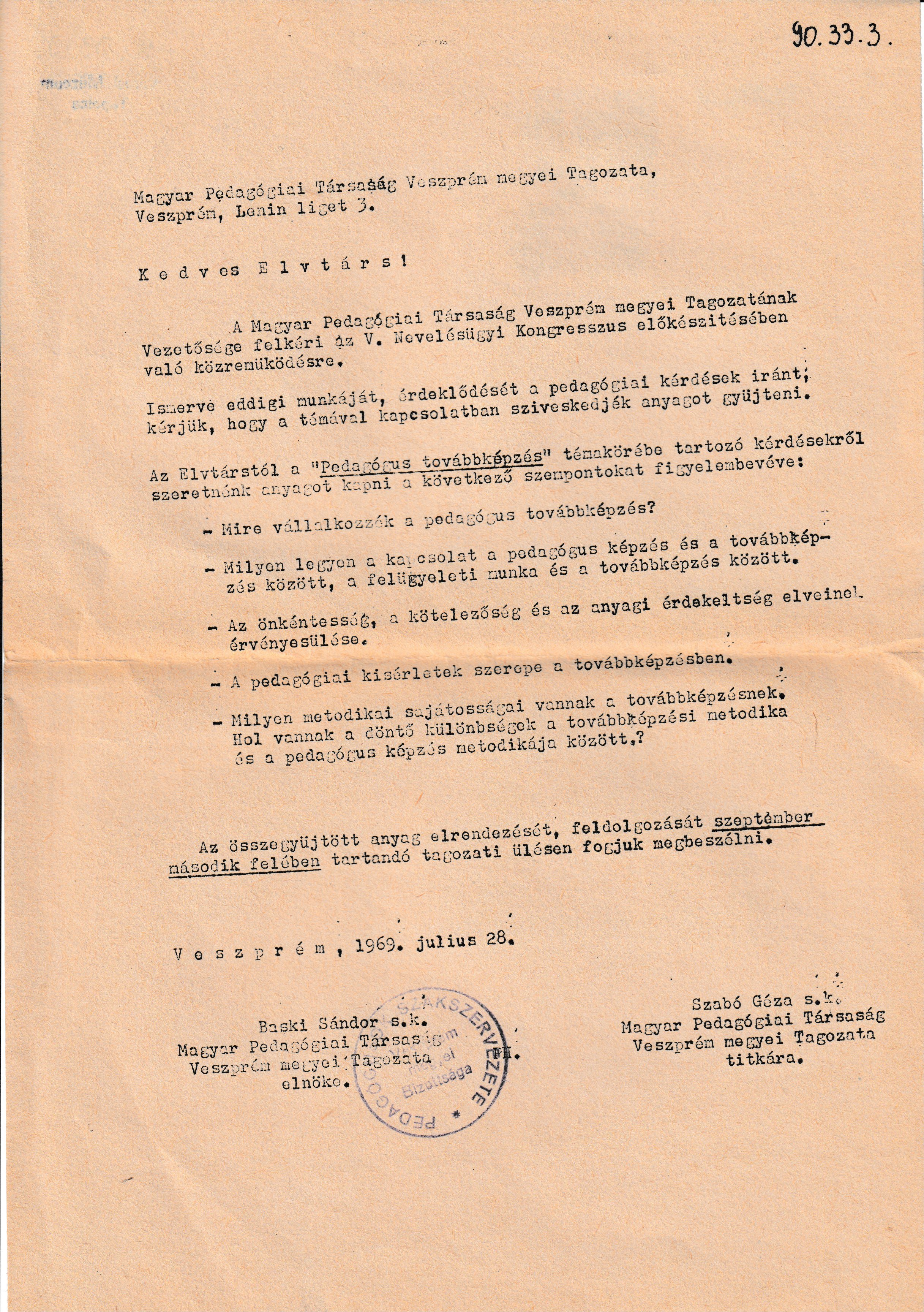 A Magyar Pedagógiai Társaság felhívása az V. Nevelésügyi Kongresszus előkészítésére (Tapolcai Városi Múzeum CC BY-NC-SA)