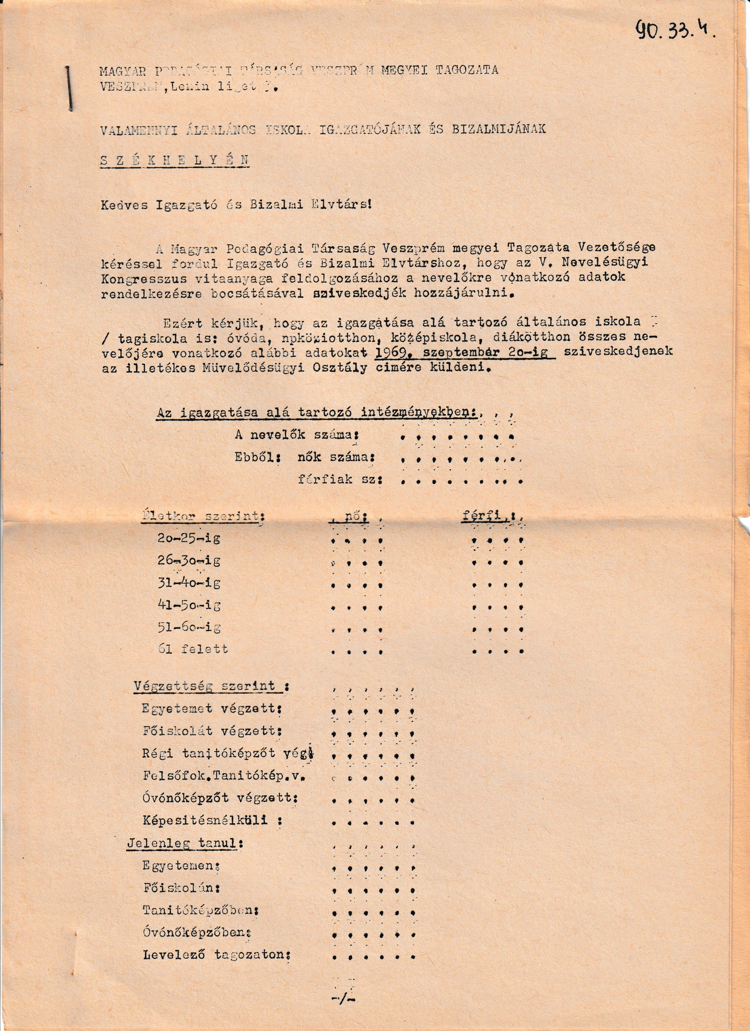 Kérdőív a Magyar Pedagógiai Társaság kongresszusának előkészítése érdekében (Tapolcai Városi Múzeum CC BY-NC-SA)