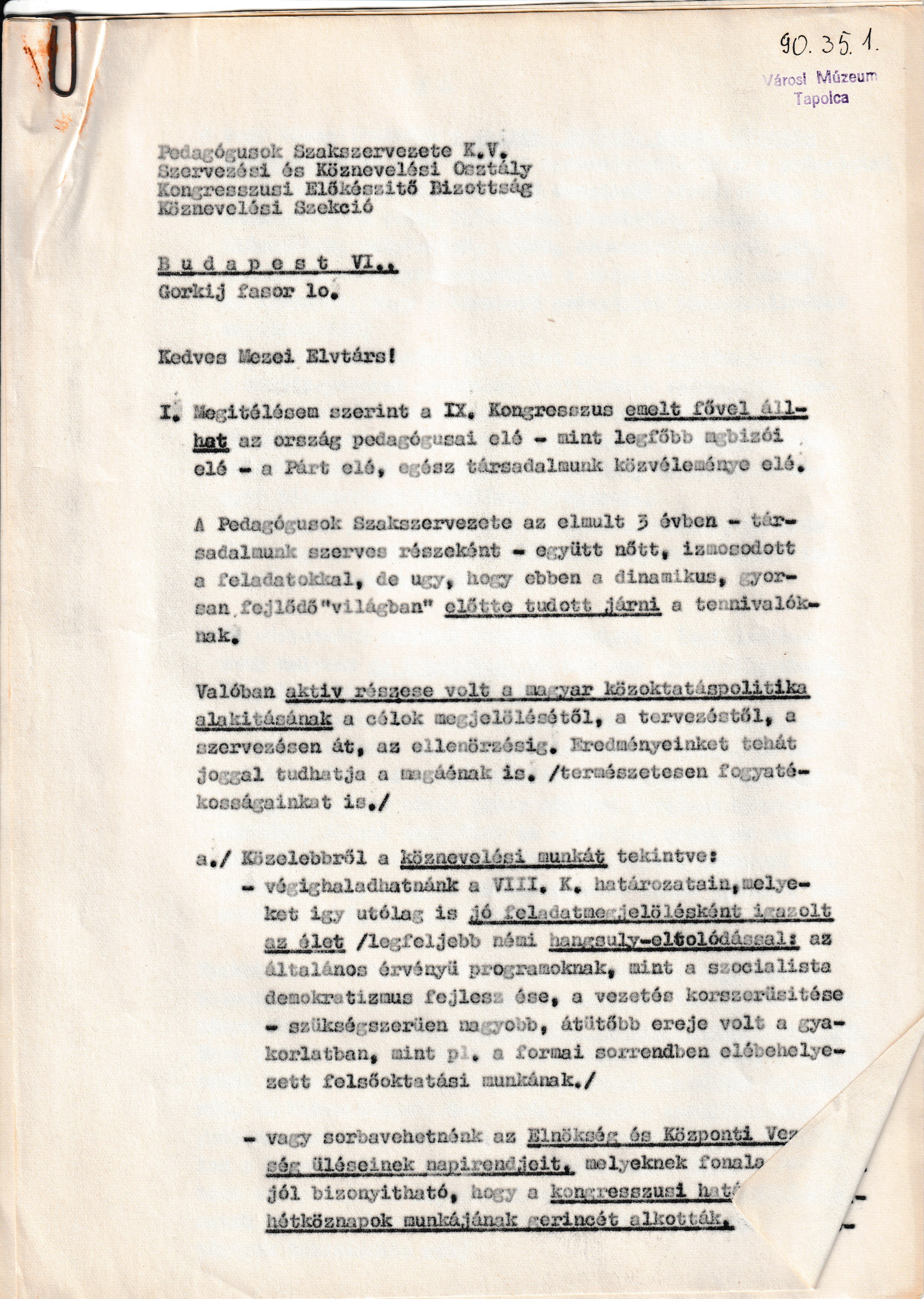 Levél a Pedagógusok Szakszervezetének IX. Kongresszusával kapcsolatban (Tapolcai Városi Múzeum CC BY-NC-SA)