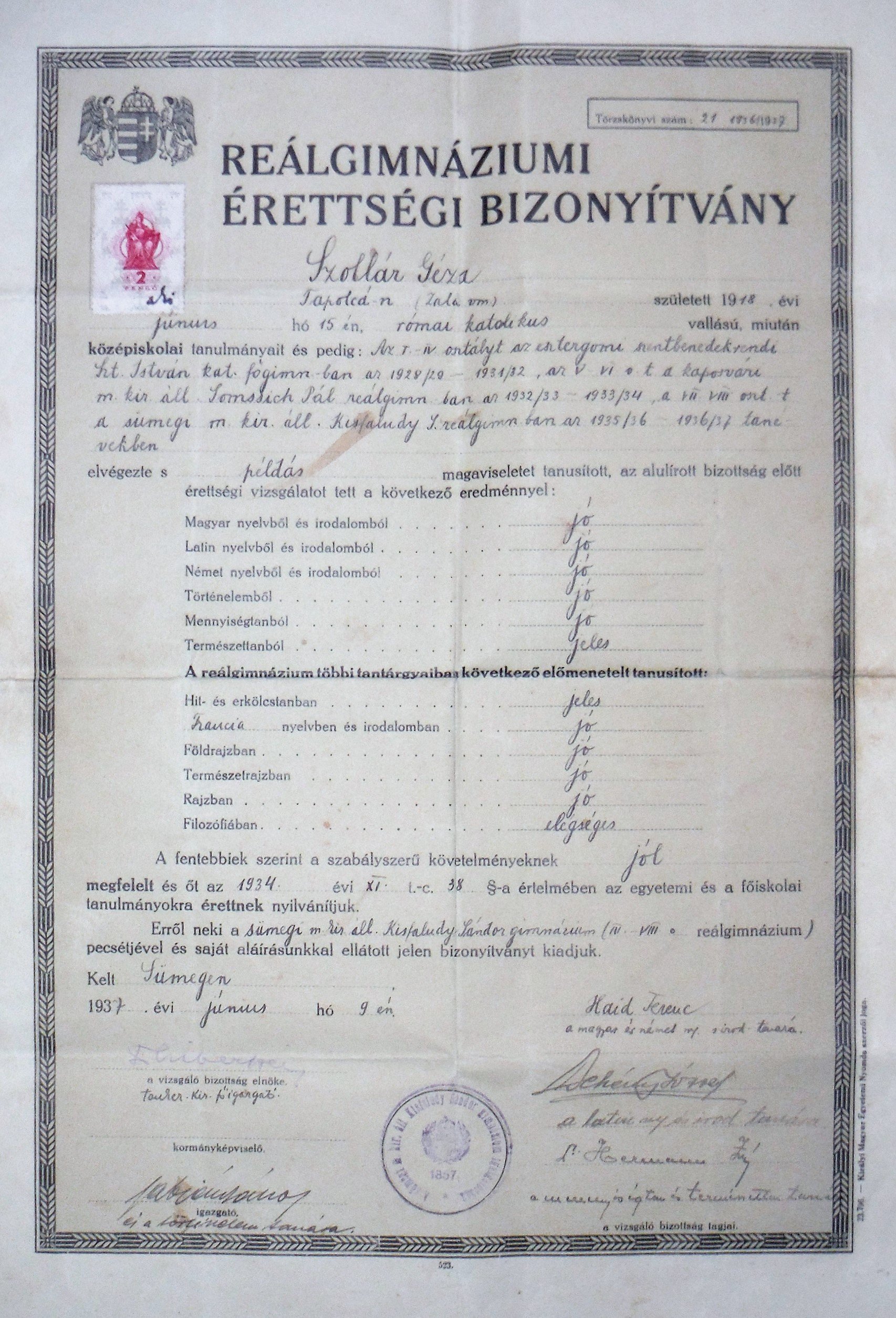 Reálgimnáziumi érettségi bizonyítvány (Tapolcai Városi Múzeum CC BY-NC-SA)