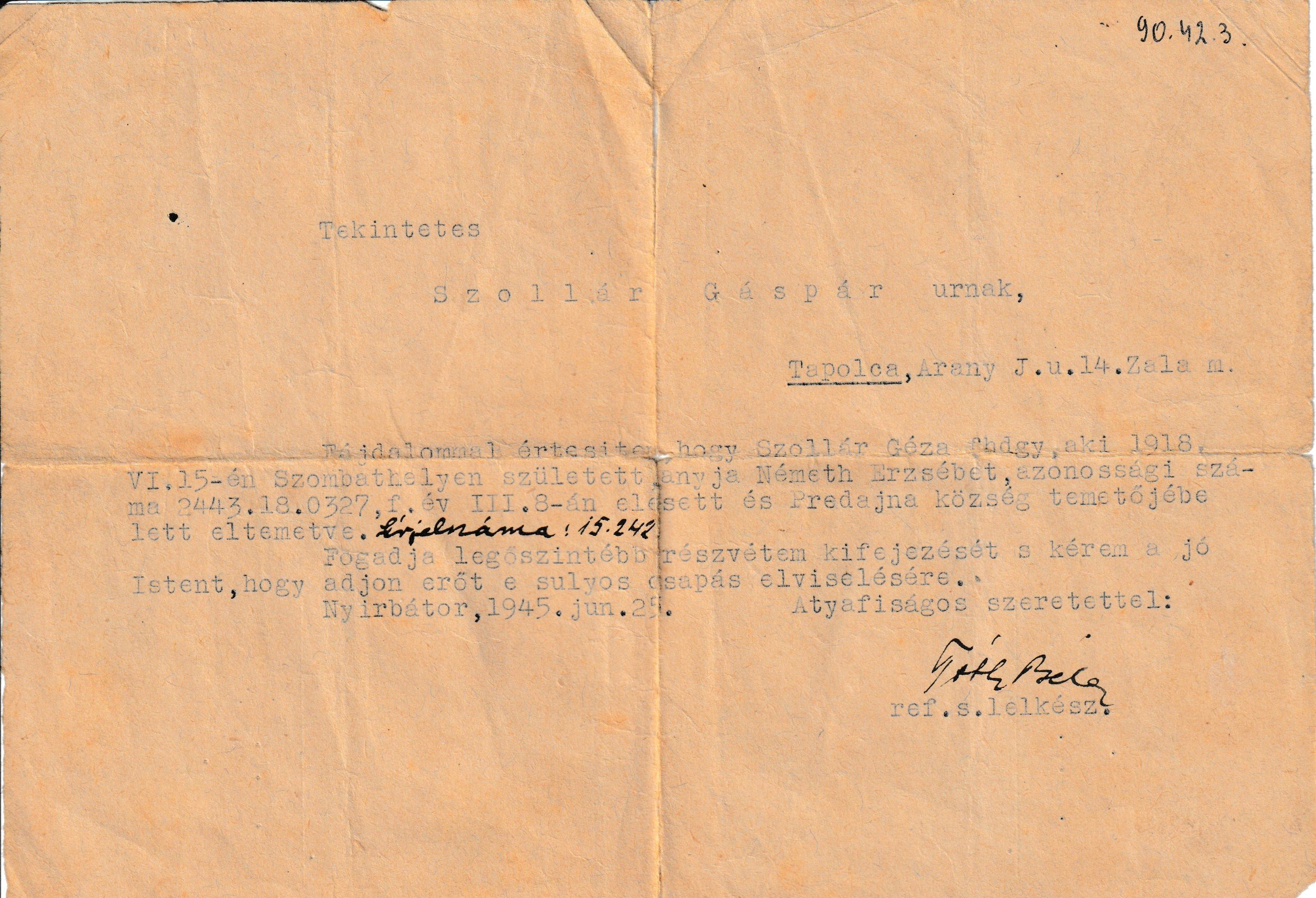 Második világháborús értesítés Szollár Géza haláláról (Tapolcai Városi Múzeum CC BY-NC-SA)