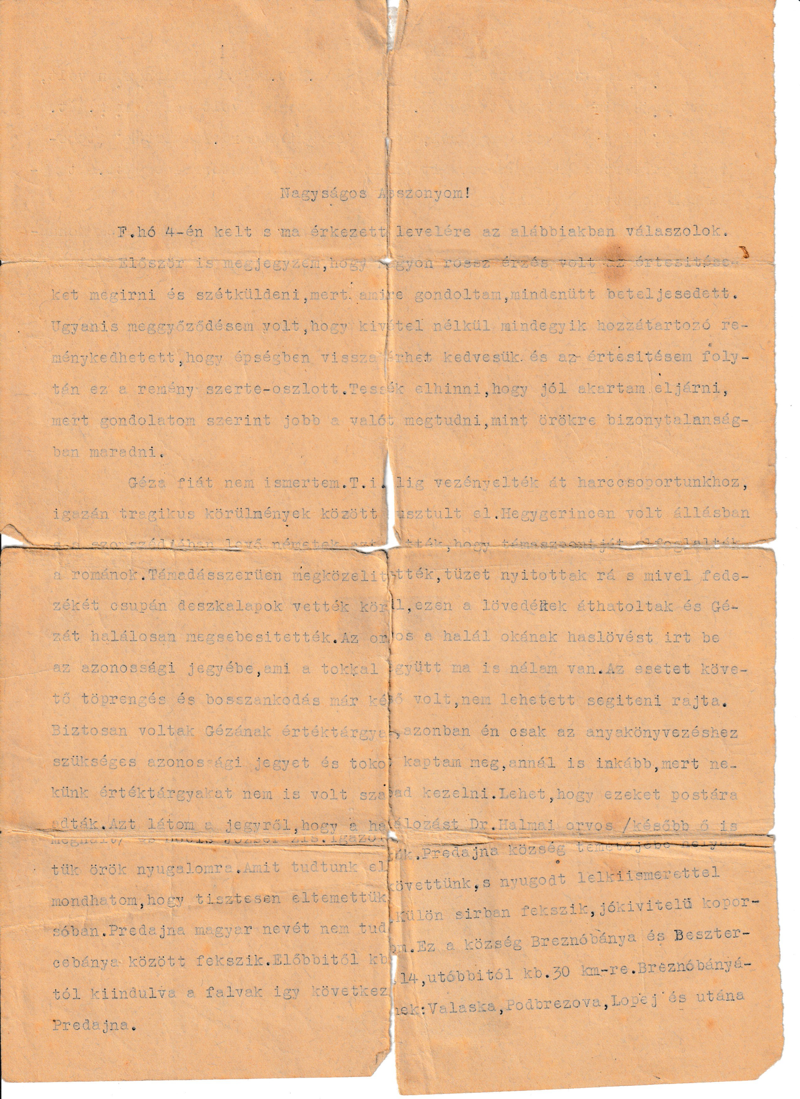 Második világháborús beszámoló Szollár Géza haláláról és temetéséről (Tapolcai Városi Múzeum CC BY-NC-SA)