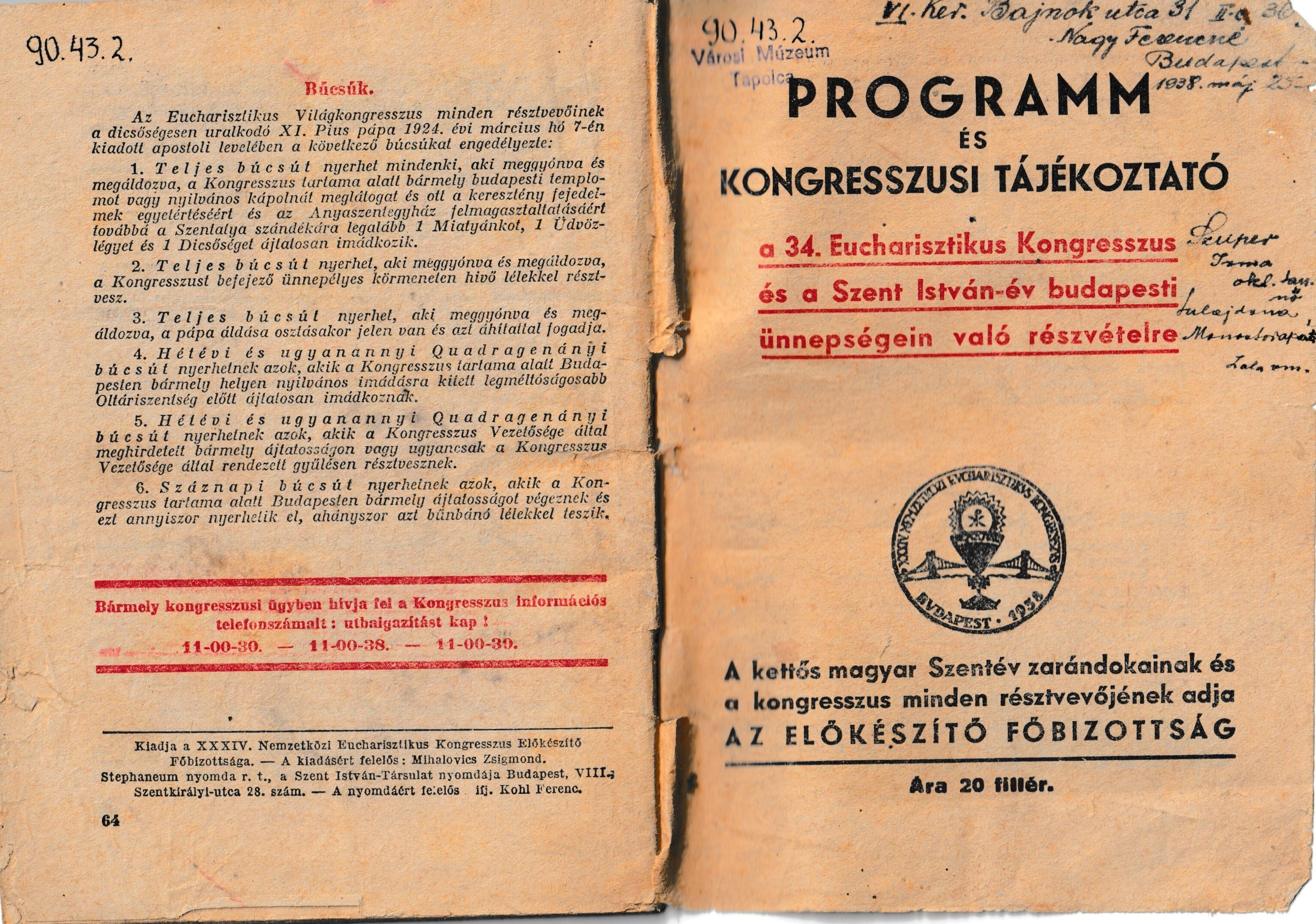 Az eucharisztikus kongresszus és a Szent István-év programfüzete, tájékoztatója (Tapolcai Városi Múzeum CC BY-NC-SA)