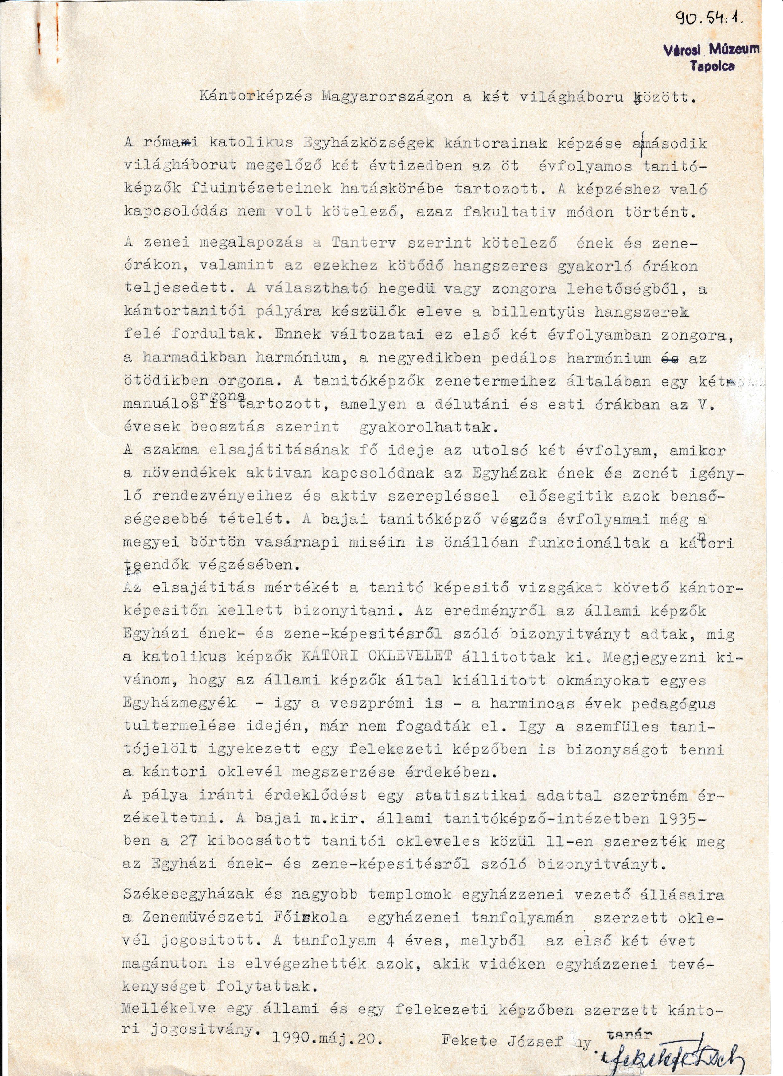 Fekete József: Kántorképzés Magyarországon a két világháború között című írása (Tapolcai Városi Múzeum CC BY-NC-SA)