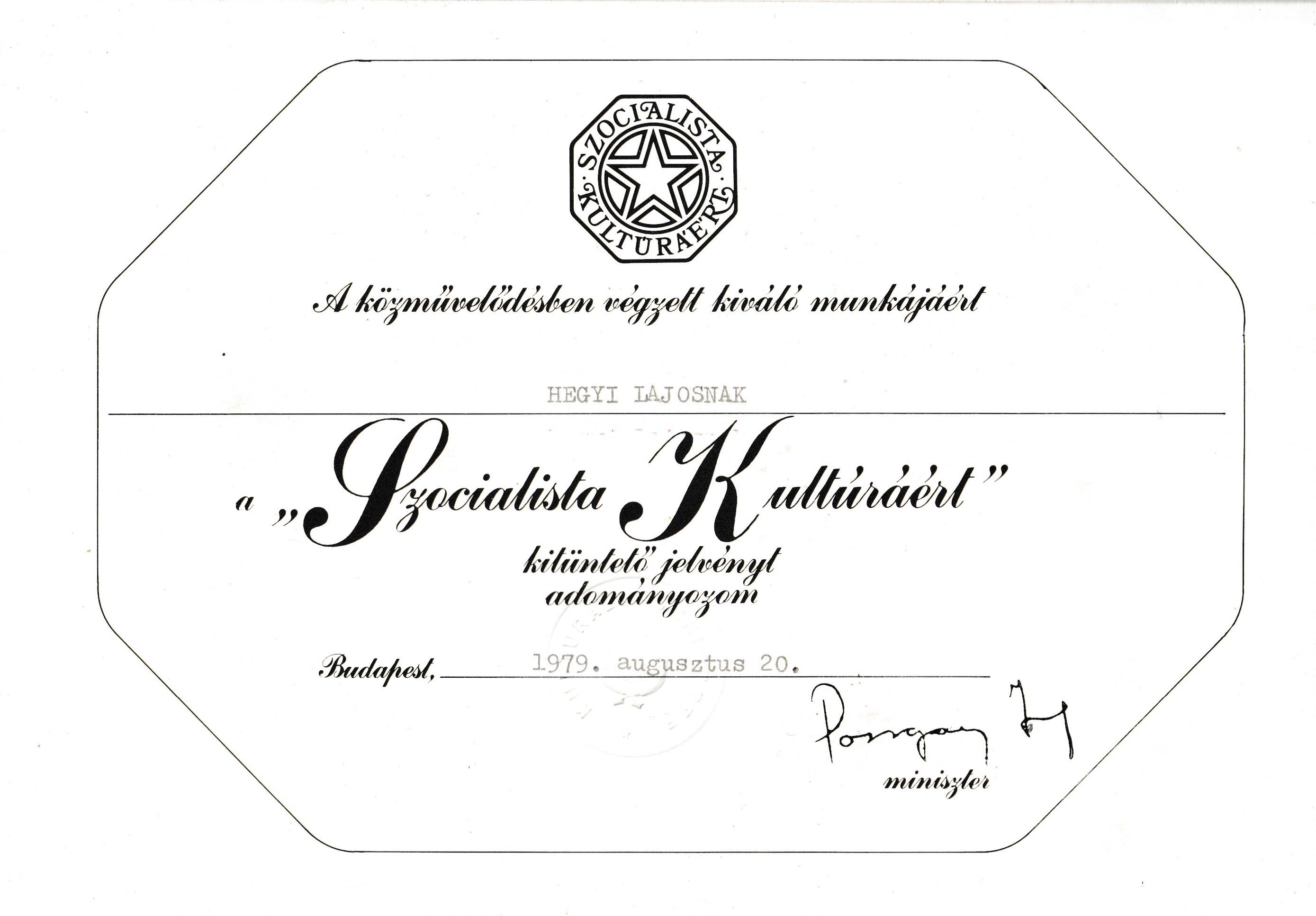 Szocialista kultúráért kitüntető jelvény adományozó oklevele (Tapolcai Városi Múzeum CC BY-NC-SA)