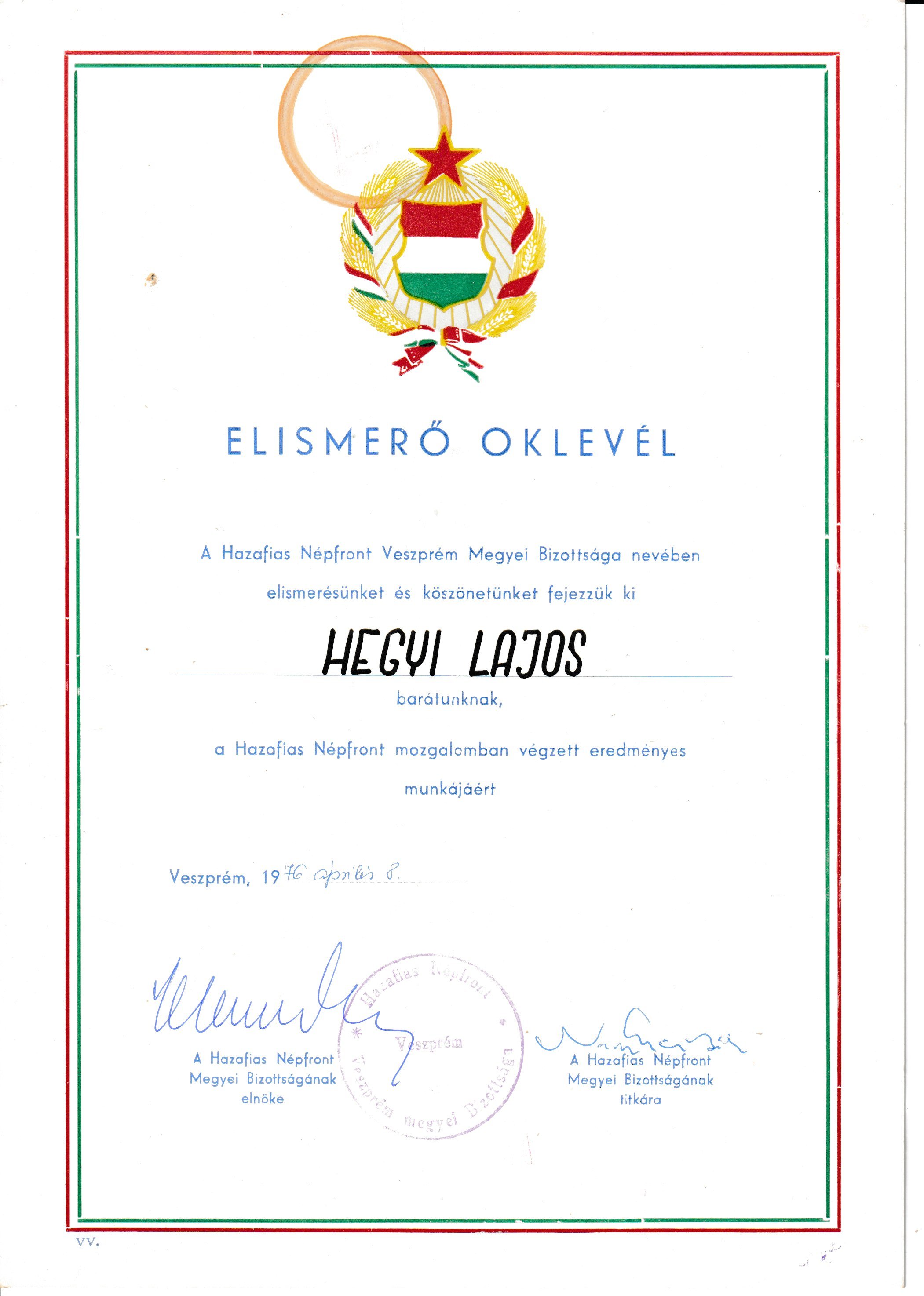 Hazafias Népfront elismerő oklevele Hegyi Lajos részére (Tapolcai Városi Múzeum CC BY-NC-SA)