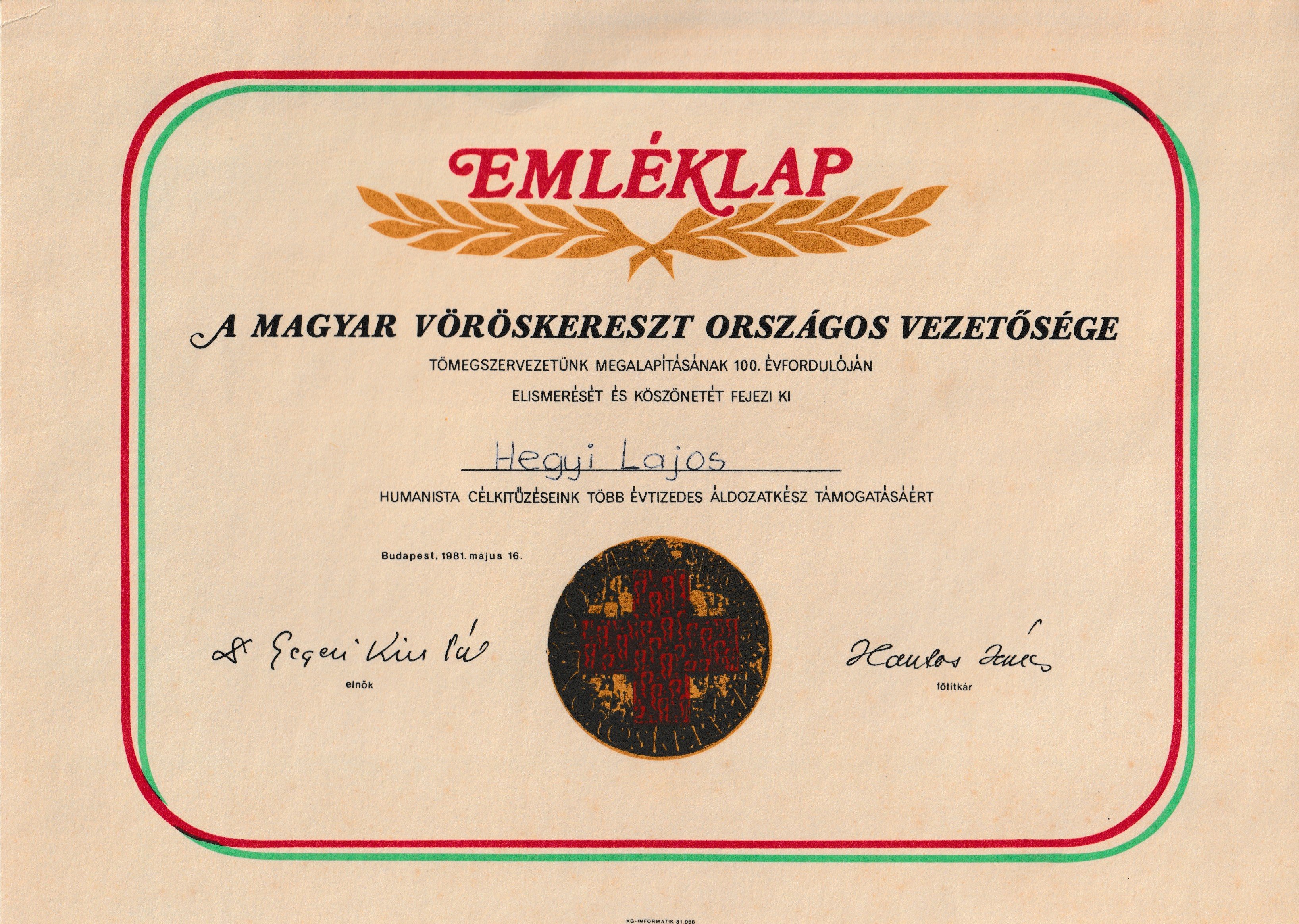A Magyar Vöröskereszt centenáriumi emléklapja Hegyi Lajosnak (Tapolcai Városi Múzeum CC BY-NC-SA)