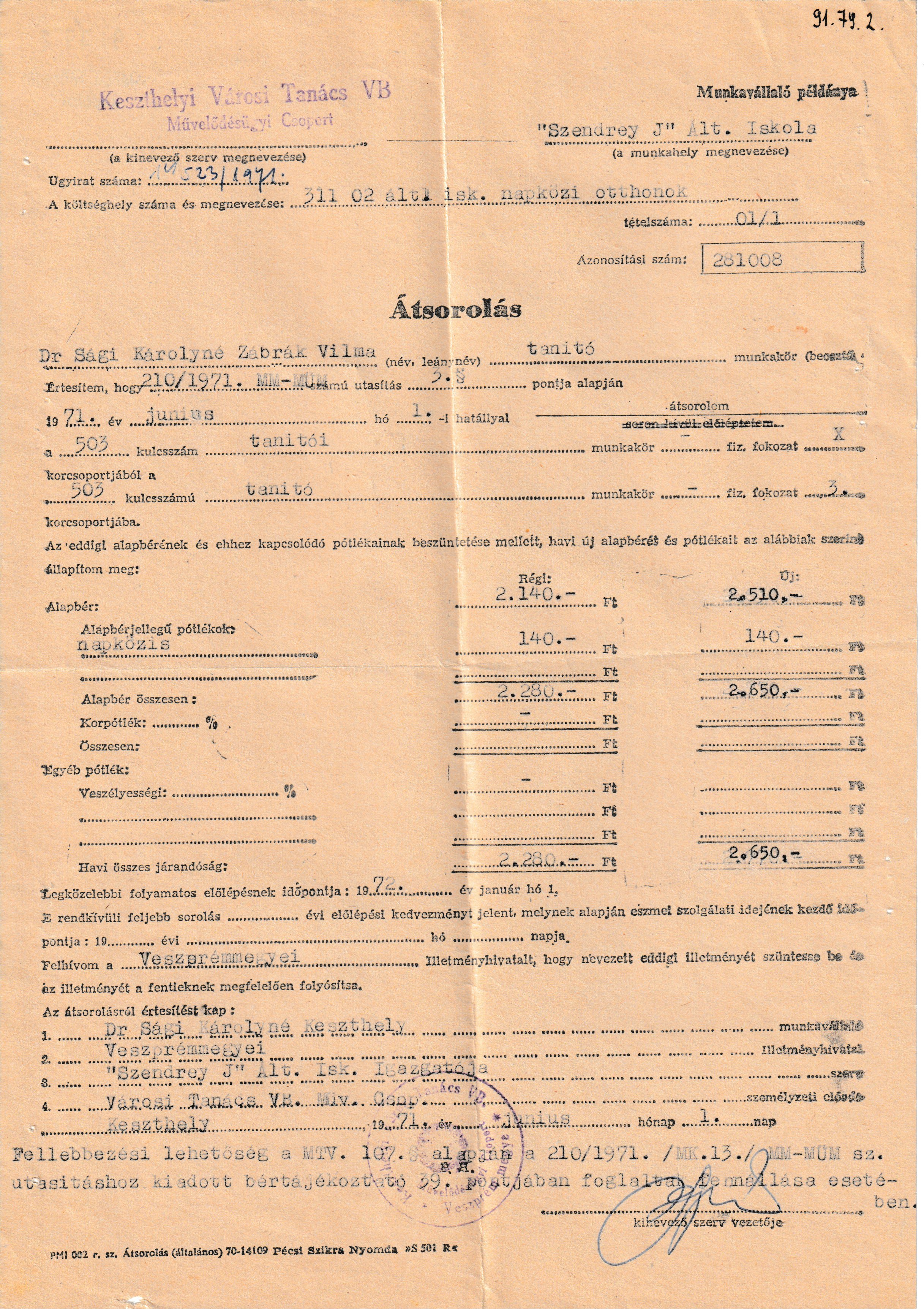 Tanítói fizetési átsorolás Keszthelyről (Tapolcai Városi Múzeum CC BY-NC-SA)