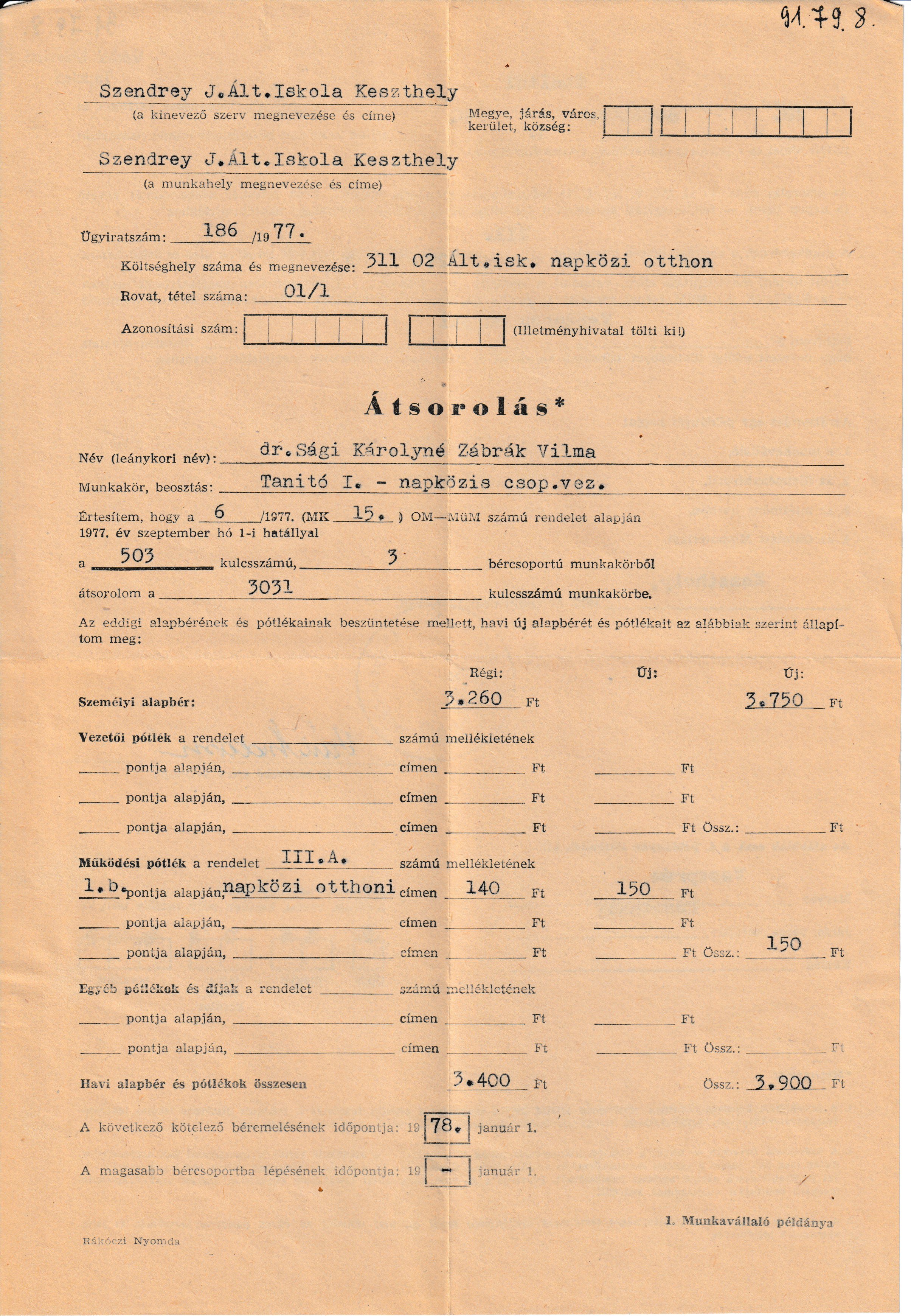 Tanítói fizetési átsorolás a keszthelyi Szendrey Ált. Iskolából (Tapolcai Városi Múzeum CC BY-NC-SA)