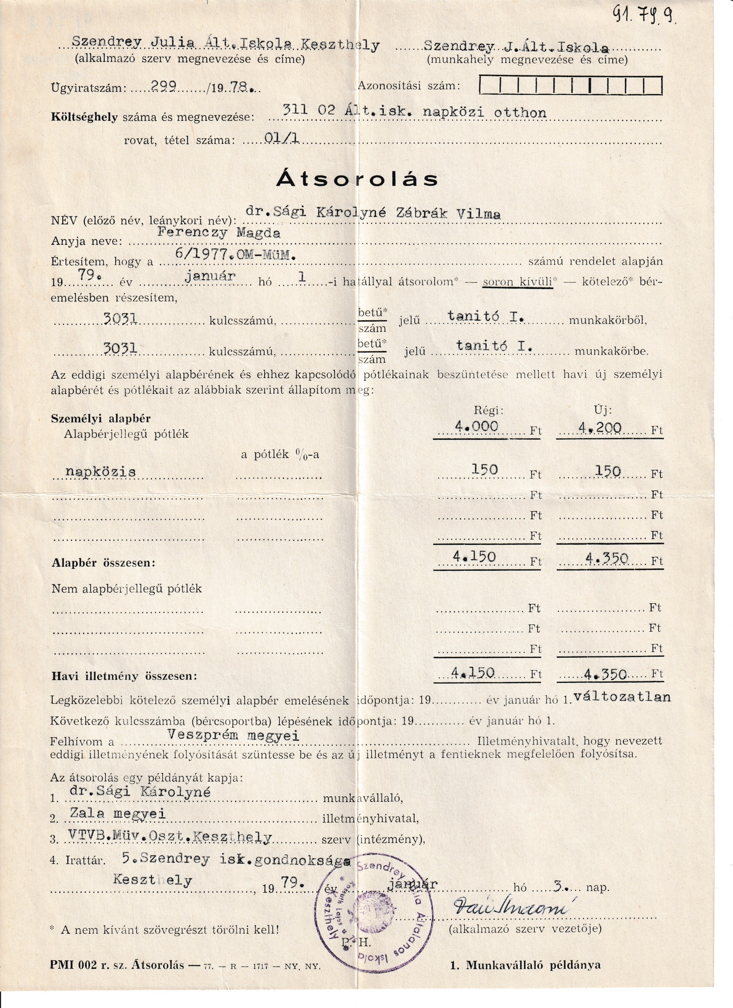 Fizetési átsorolás Dr. Sági Károlyné részére Keszthelyről (Tapolcai Városi Múzeum CC BY-NC-SA)