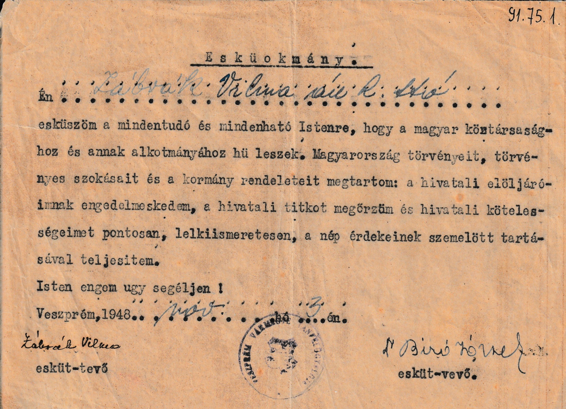 Zábrák Vilma tanítói esküokmánya (Tapolcai Városi Múzeum CC BY-NC-SA)