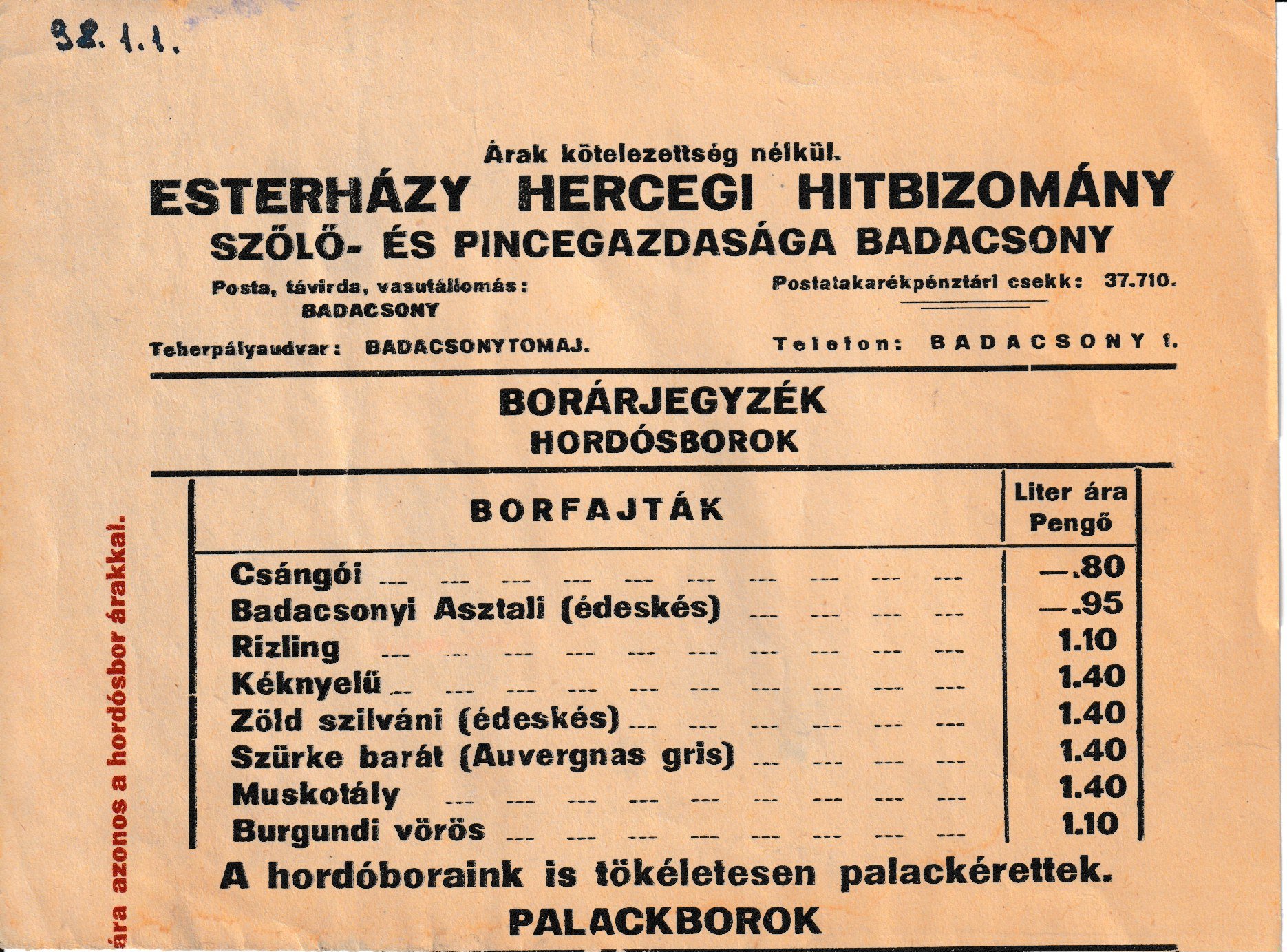Az Esterházy hercegi hitbizomány badacsonyi pincészetének árjegyzéke (Tapolcai Városi Múzeum CC BY-NC-SA)