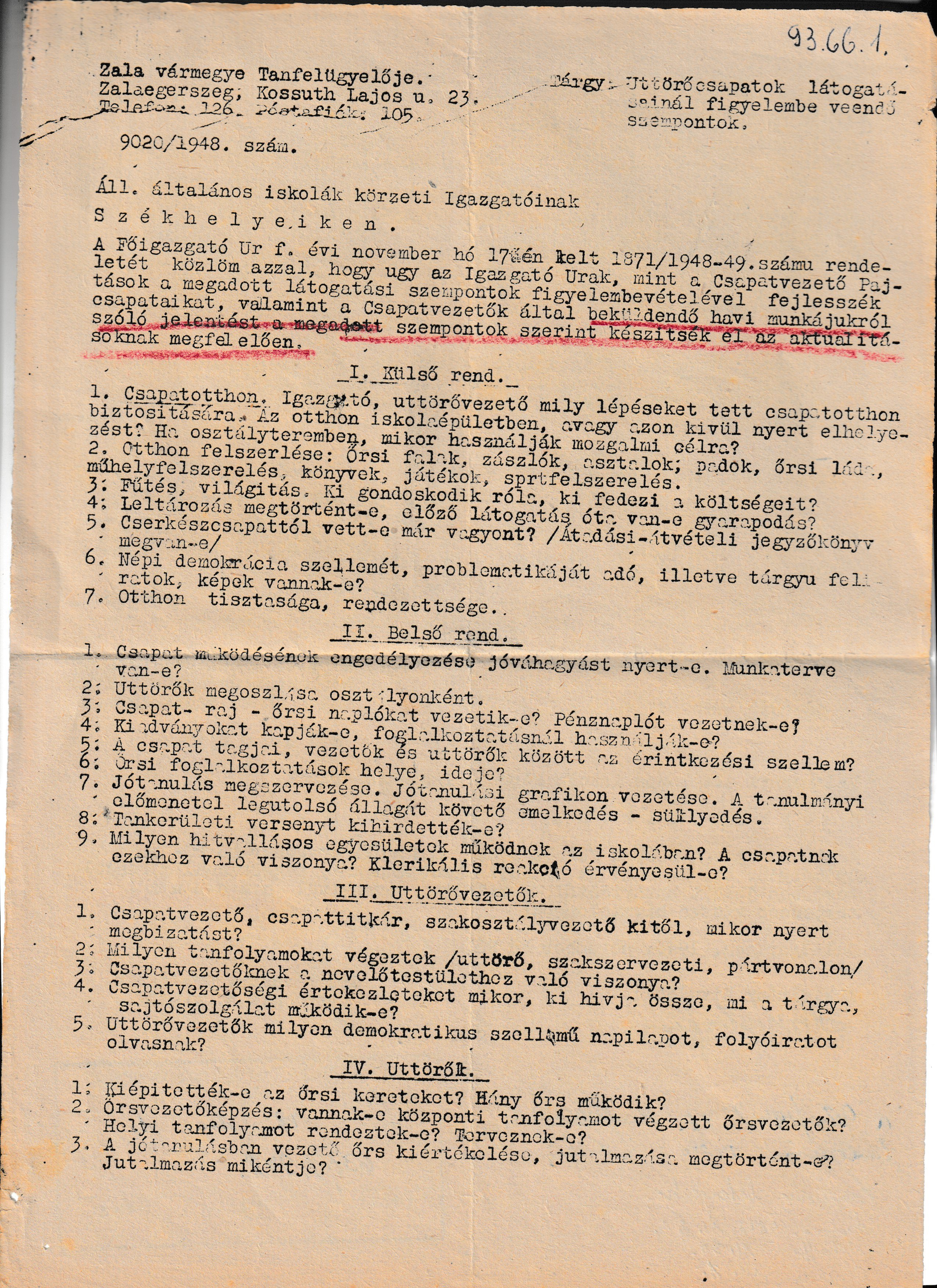Úttörőmozgalmi beszámoló szempontjai 1948-ból (Tapolcai Városi Múzeum CC BY-NC-SA)