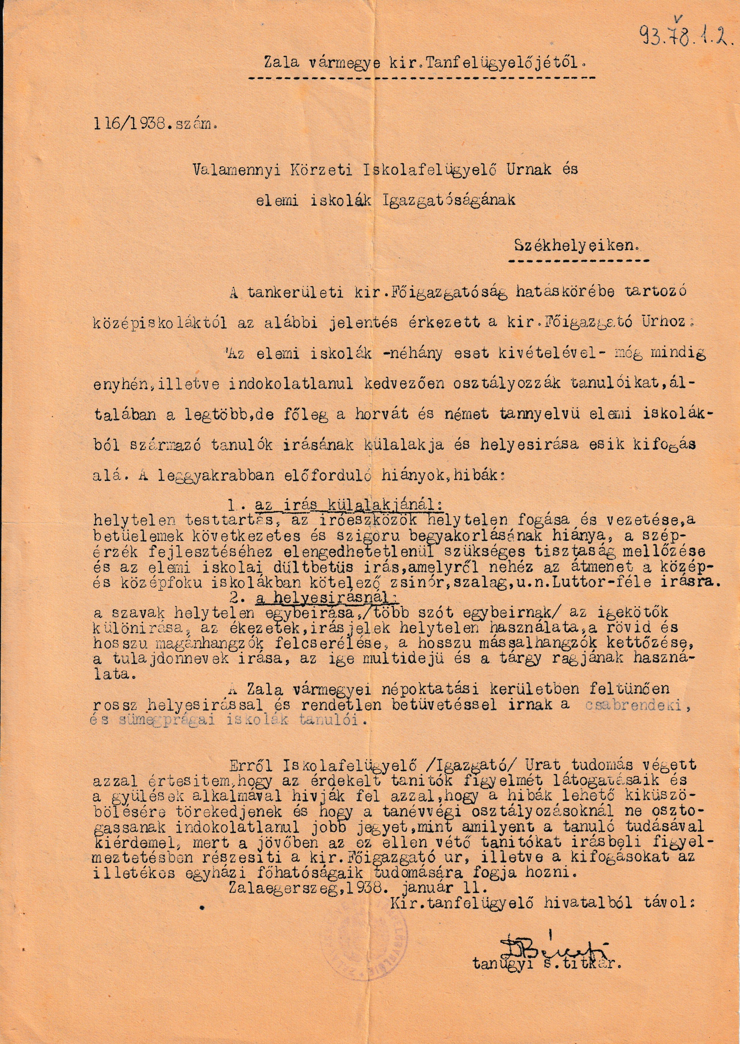 Tanfelügyelői levél a rossz írásra, valamint az enyhe osztályozásra vonatkozóan (Tapolcai Városi Múzeum CC BY-NC-SA)