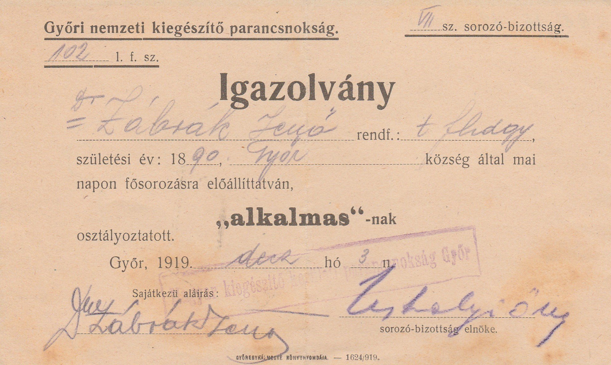Dr. Zábrák Jenő katonai alkalmassági igazolása 1919-ből (Tapolcai Városi Múzeum CC BY-NC-SA)