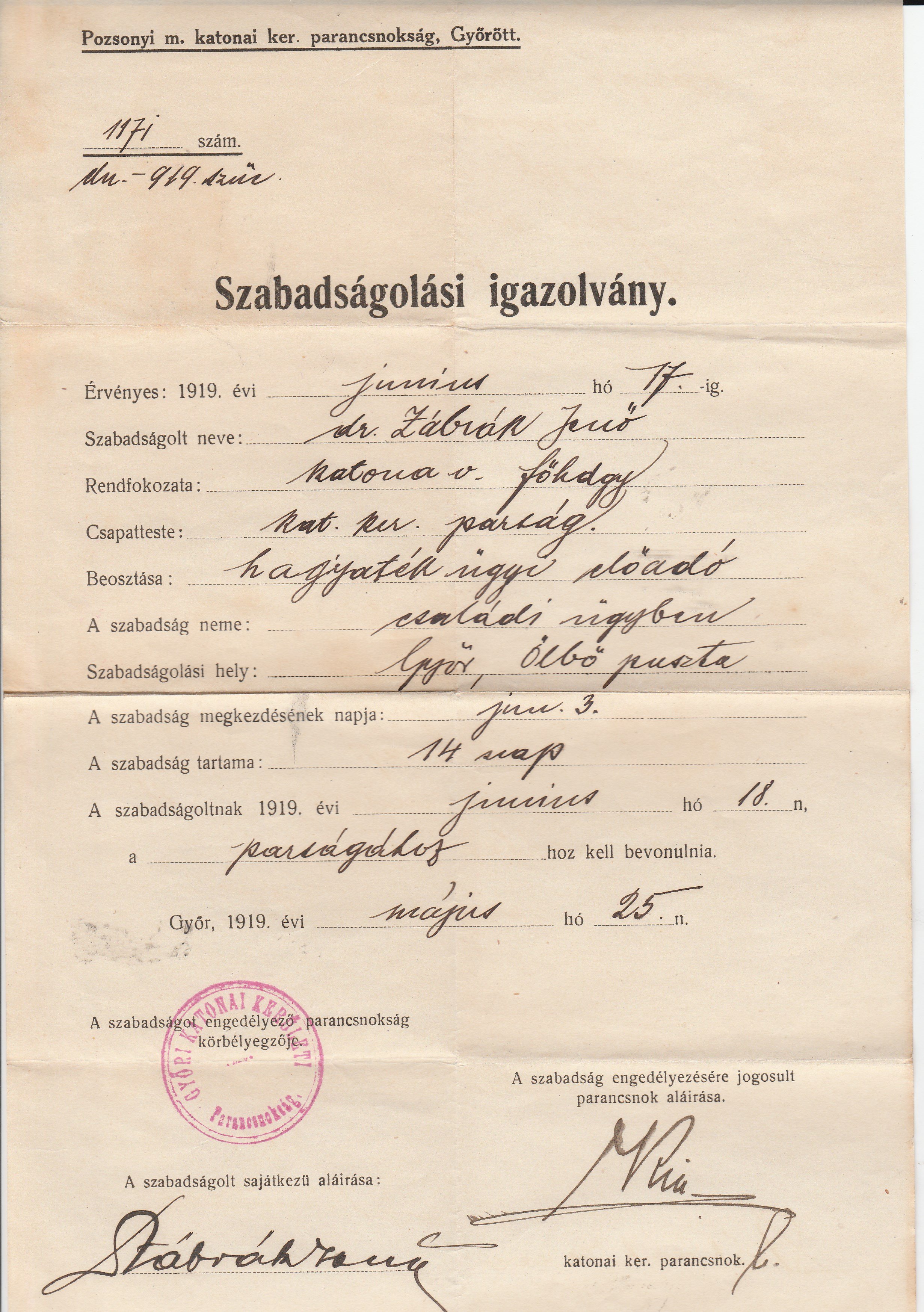 Dr. Zábrák Jenő katonai szabadságolási igazolása 1919-ből (Tapolcai Városi Múzeum CC BY-NC-SA)