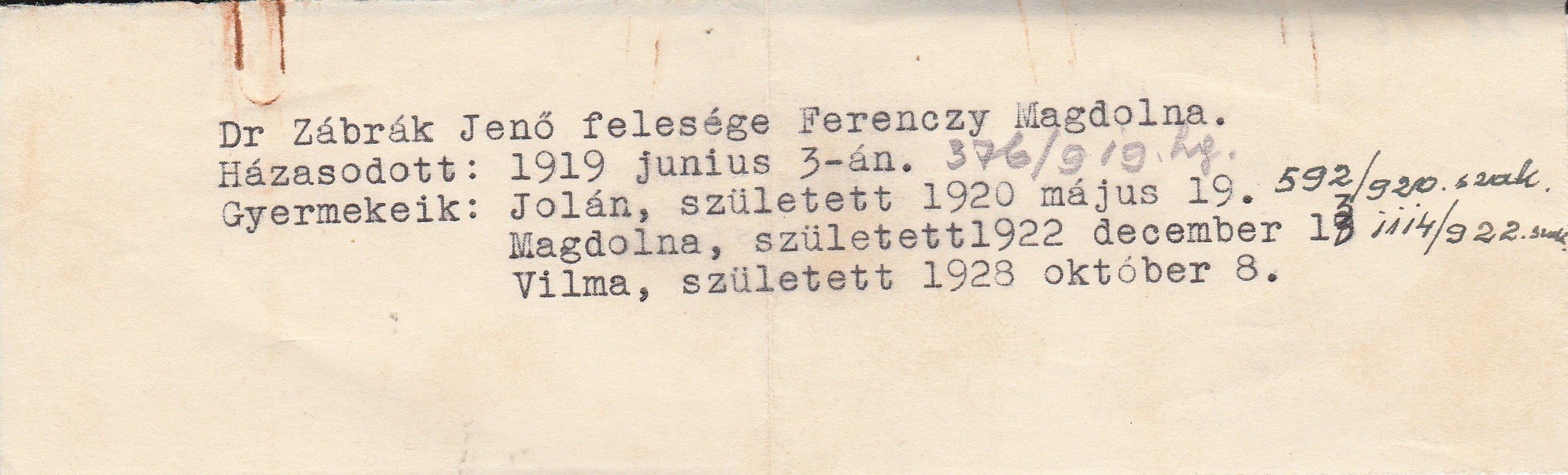 Feljegyzés Dr. Zábrák Jenő családi adatairól (Tapolcai Városi Múzeum CC BY-NC-SA)