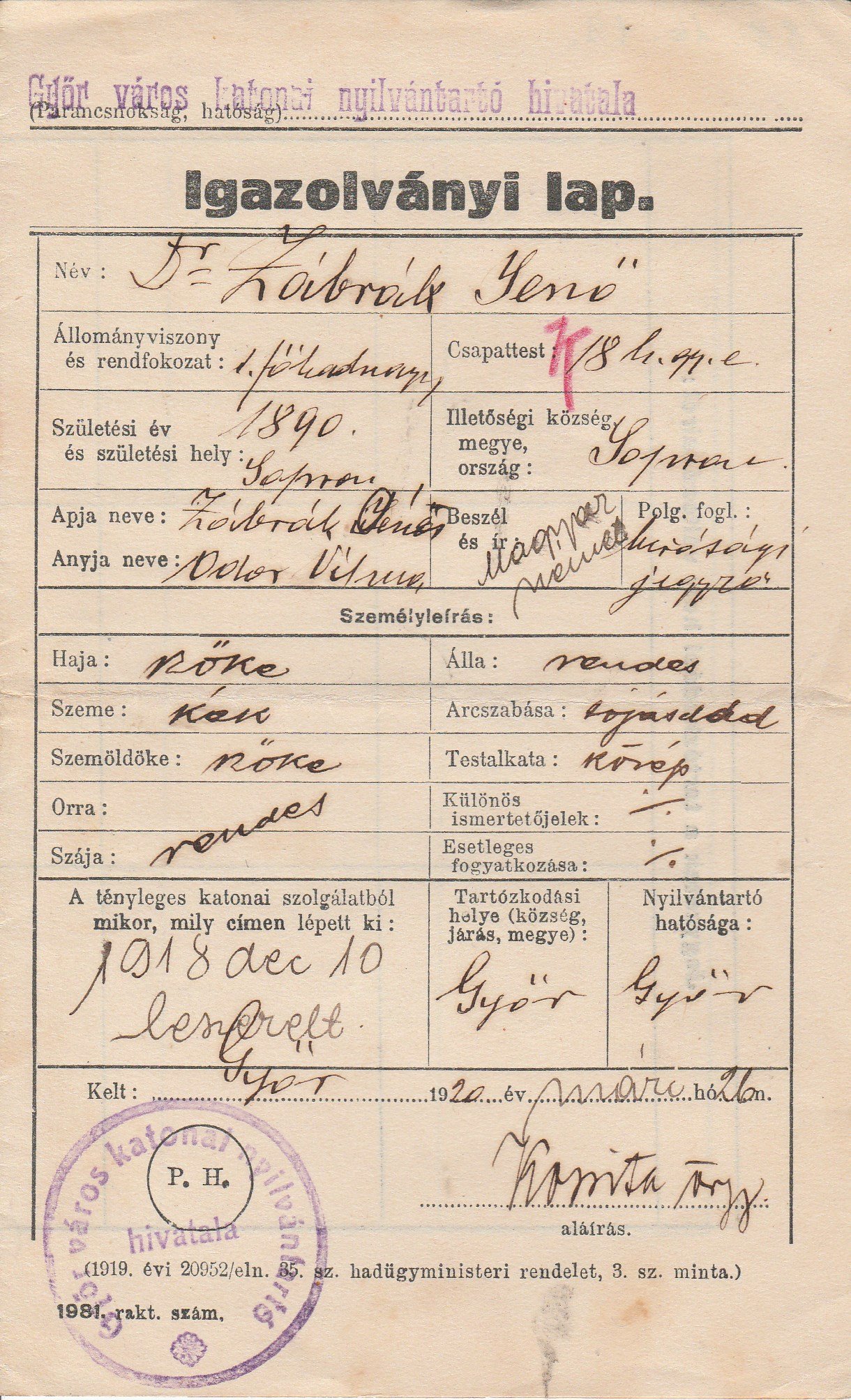 Dr. Zábrák Jenő katonai igazolványi lapja 1920 (Tapolcai Városi Múzeum CC BY-NC-SA)