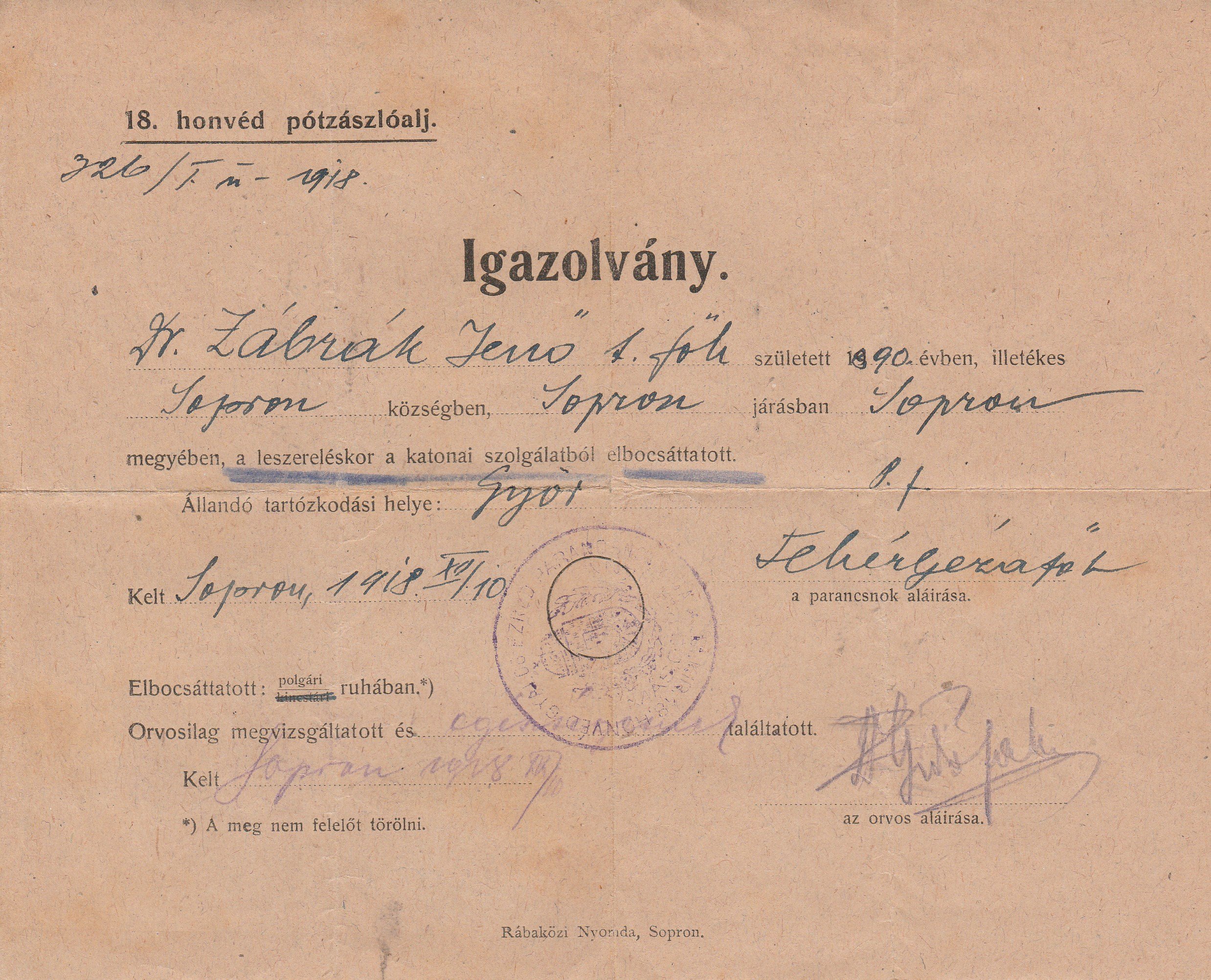 Dr. Zábrák Jenő leszerelési igazolványa 1918. decemberéből (Tapolcai Városi Múzeum CC BY-NC-SA)