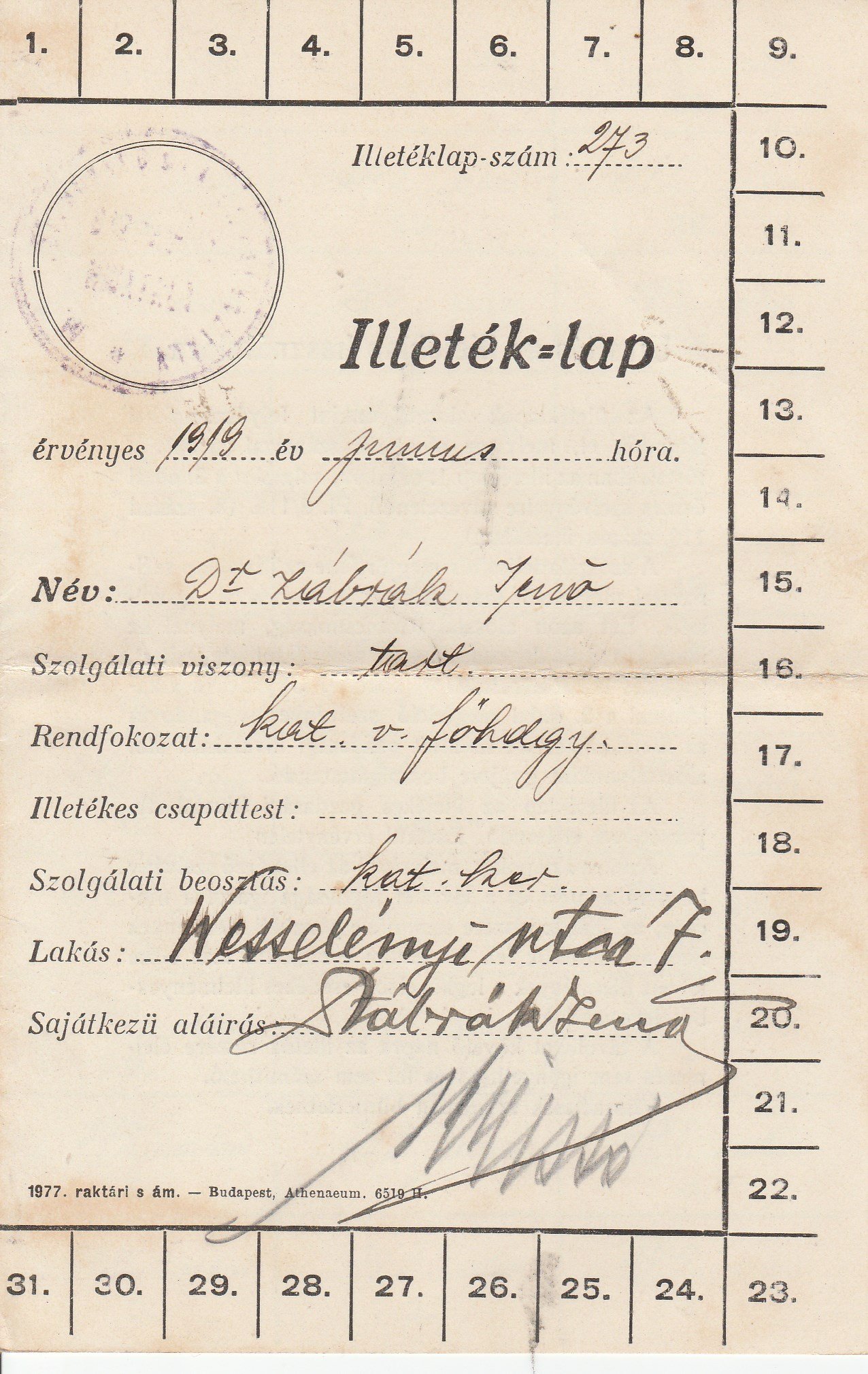 Dr. Zábrák Jenő illetéklapja 1919. júniusából (Tapolcai Városi Múzeum CC BY-NC-SA)