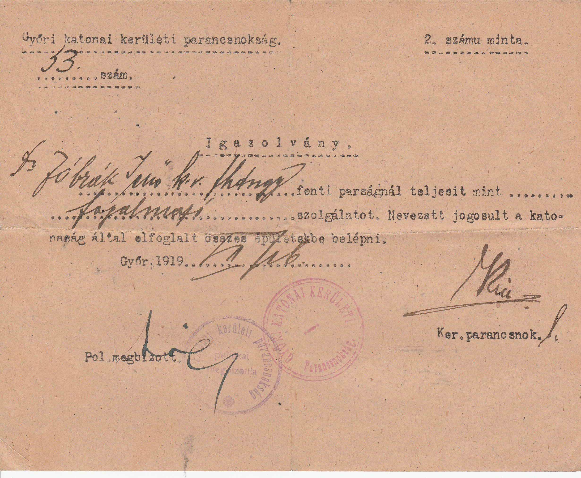 Dr. Zábrák Jenő katonai szolgálati igazolványa 1919. júlisából (Tapolcai Városi Múzeum CC BY-NC-SA)
