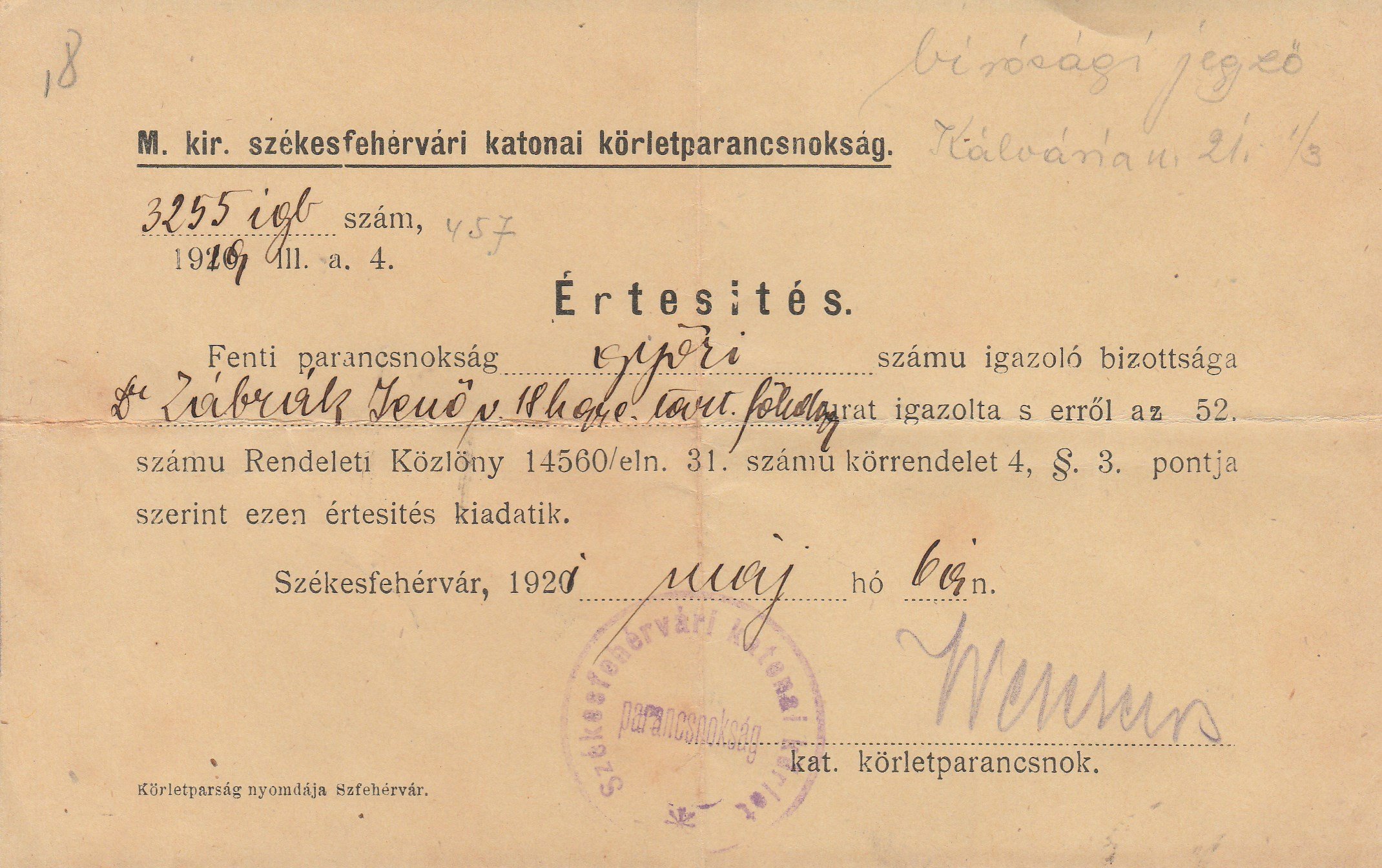 Értesítés dr. Zábrák Jenő részére igazoló eljárás eredményéről 1921 (Tapolcai Városi Múzeum CC BY-NC-SA)