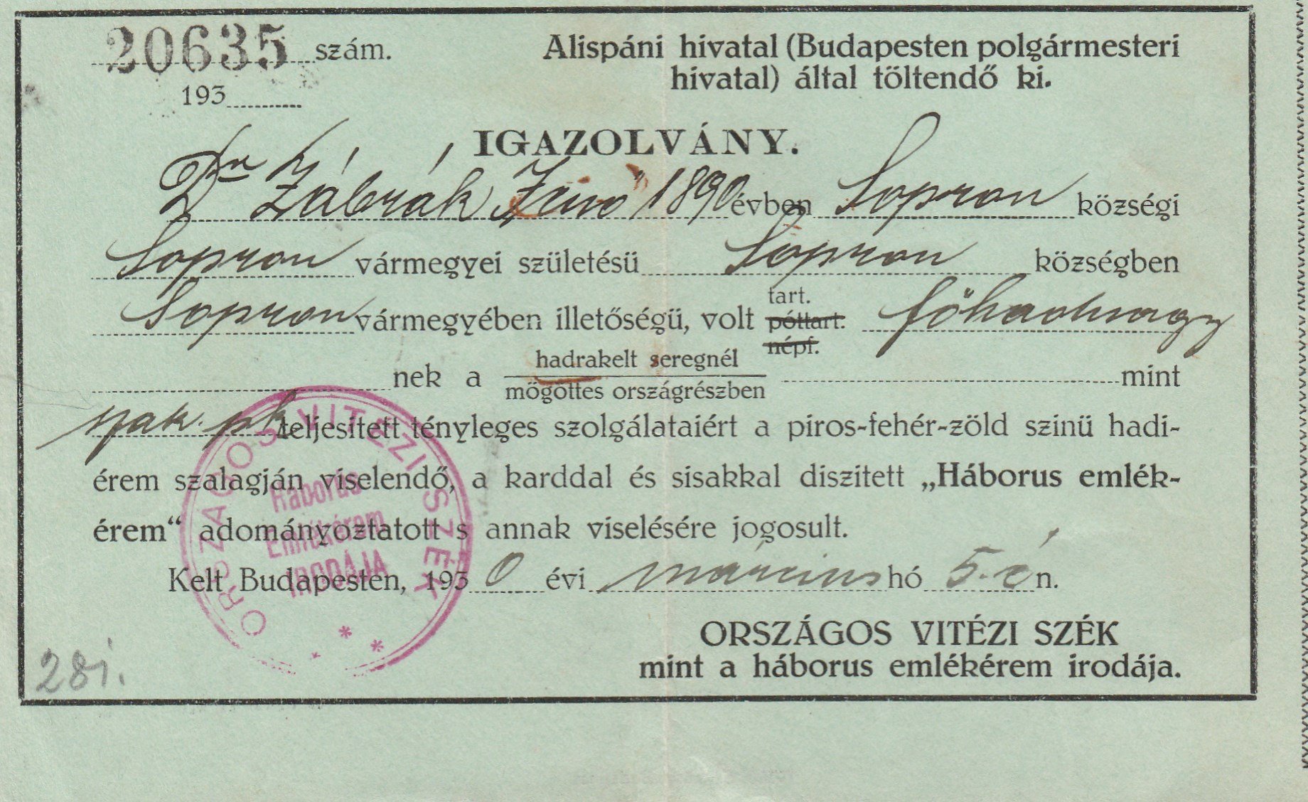 Dr. Zábrák Jenő igazolása a "Háborús emlékérem" viselésének jogosultságáról (Tapolcai Városi Múzeum CC BY-NC-SA)
