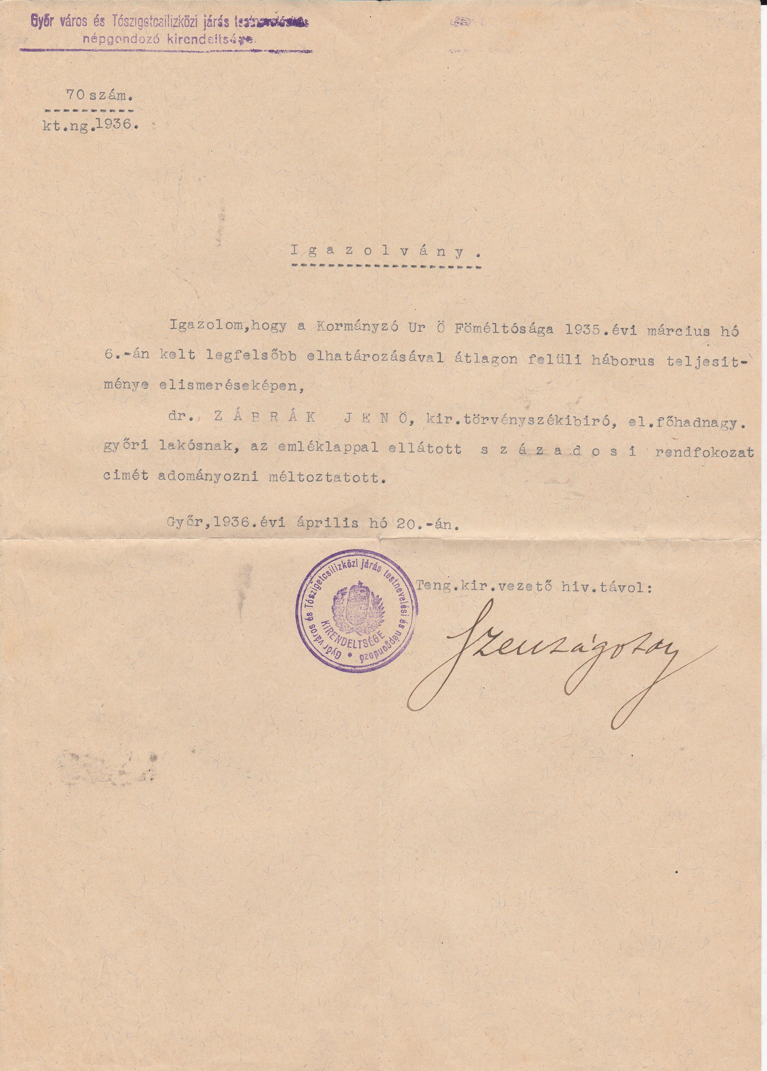 Dr. Zábrák Jenő igazolása századosi rendfokozat adományozásáról (Tapolcai Városi Múzeum CC BY-NC-SA)