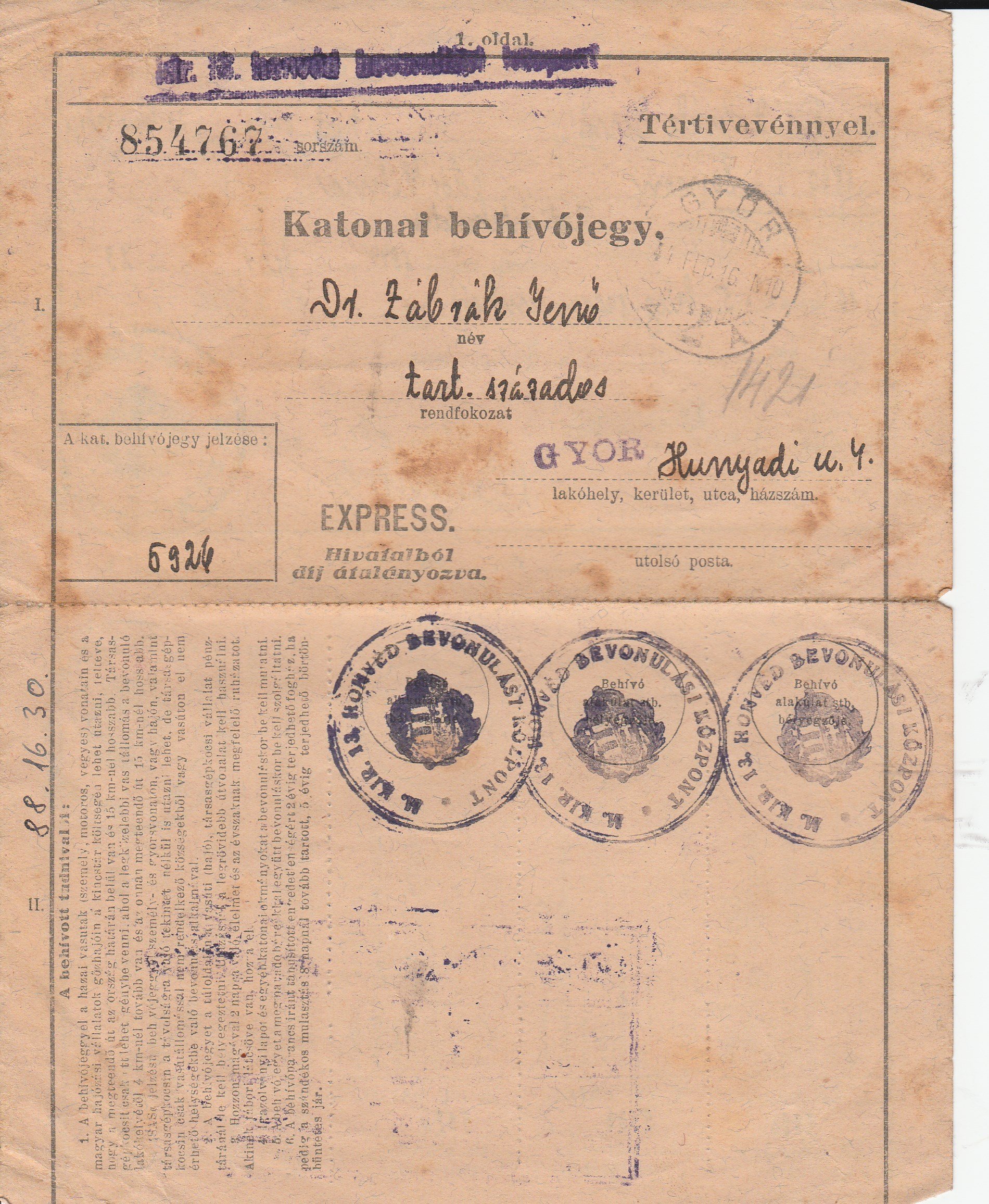 Dr. Zábrák Jenő katonai behívójegye 1944 (Tapolcai Városi Múzeum CC BY-NC-SA)