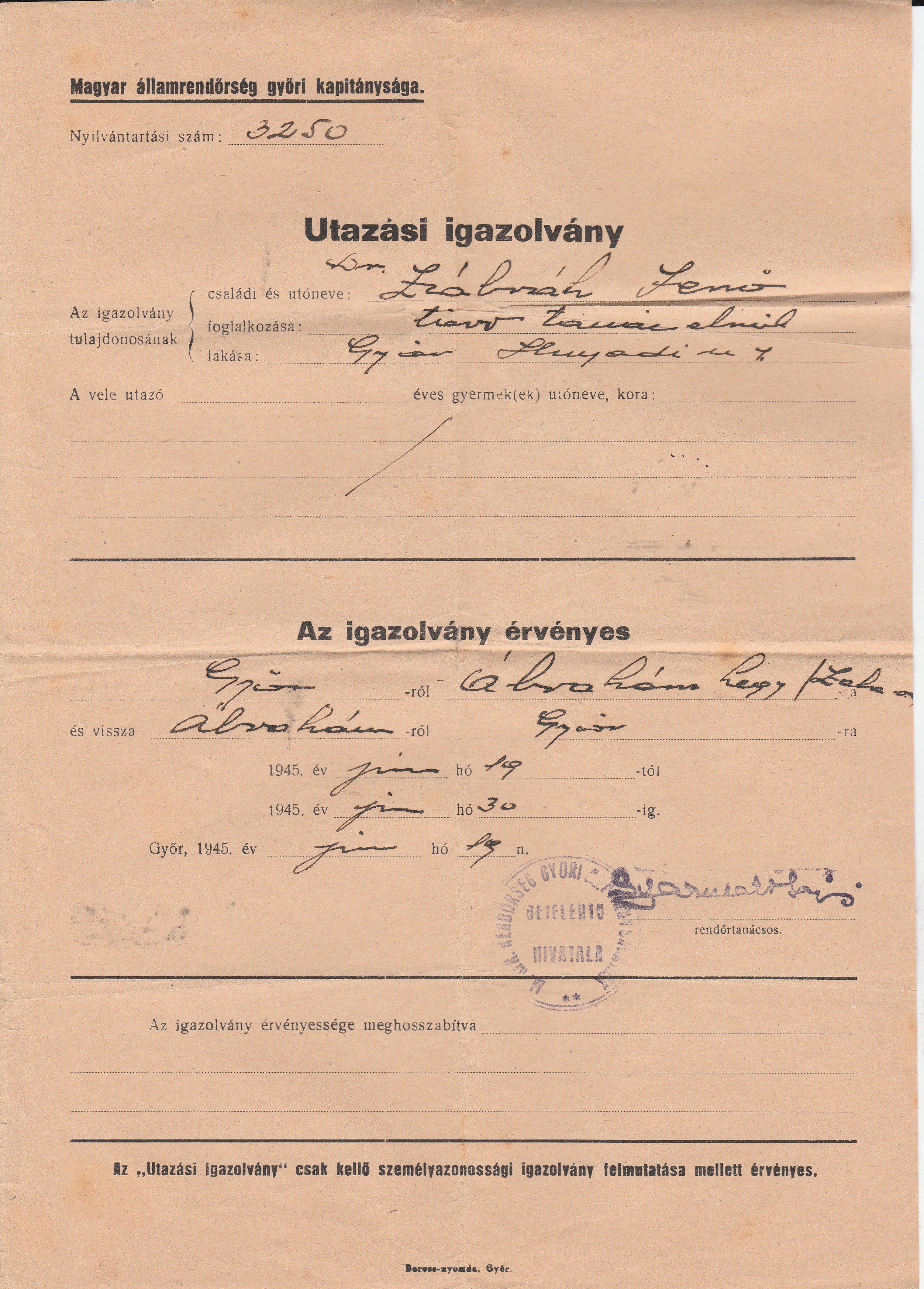 Dr. Zábrák Jenő utazási igazolványa 1945 (Tapolcai Városi Múzeum CC BY-NC-SA)