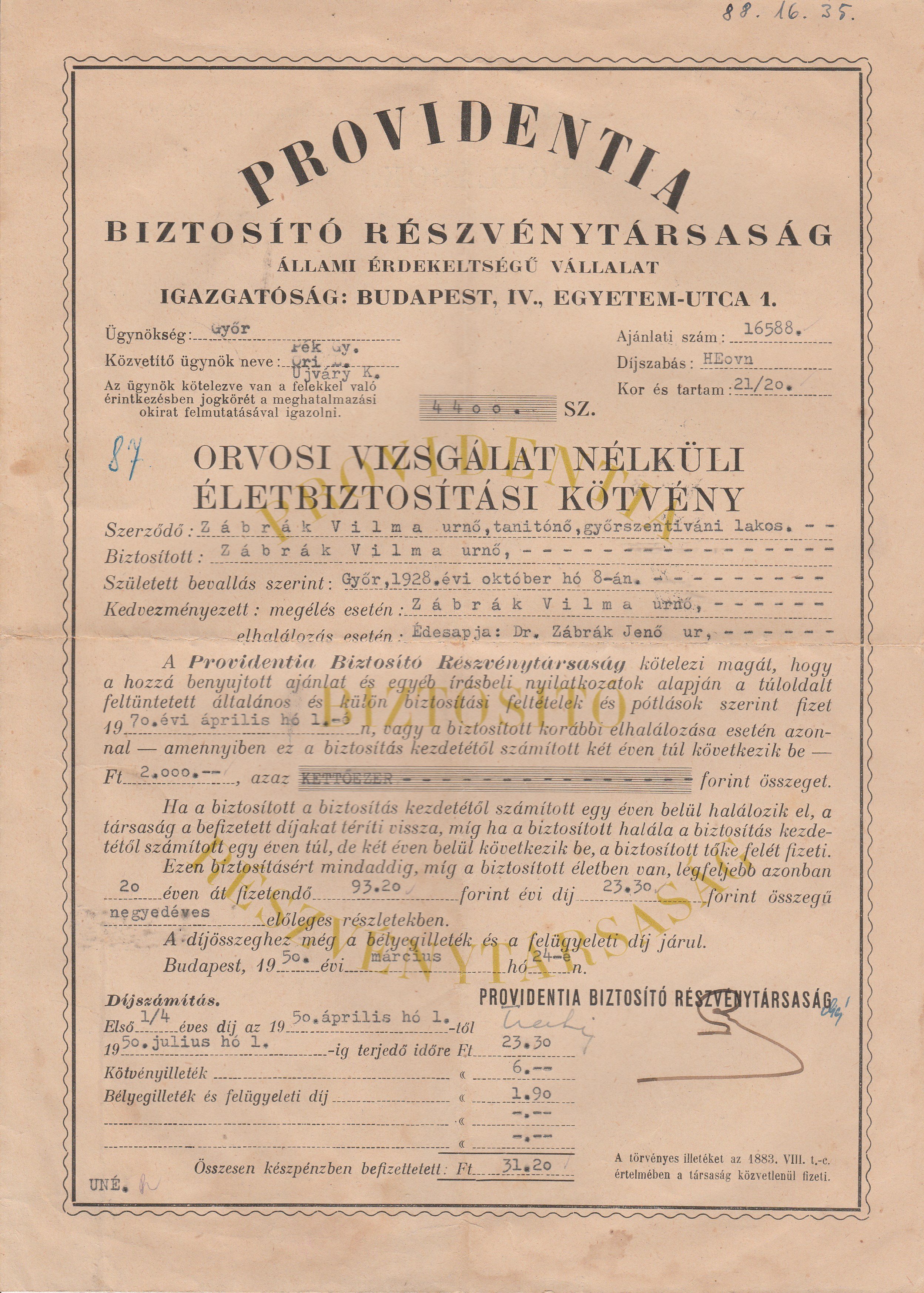 Biztosítási kötvény 1950-ből (Tapolcai Városi Múzeum CC BY-NC-SA)