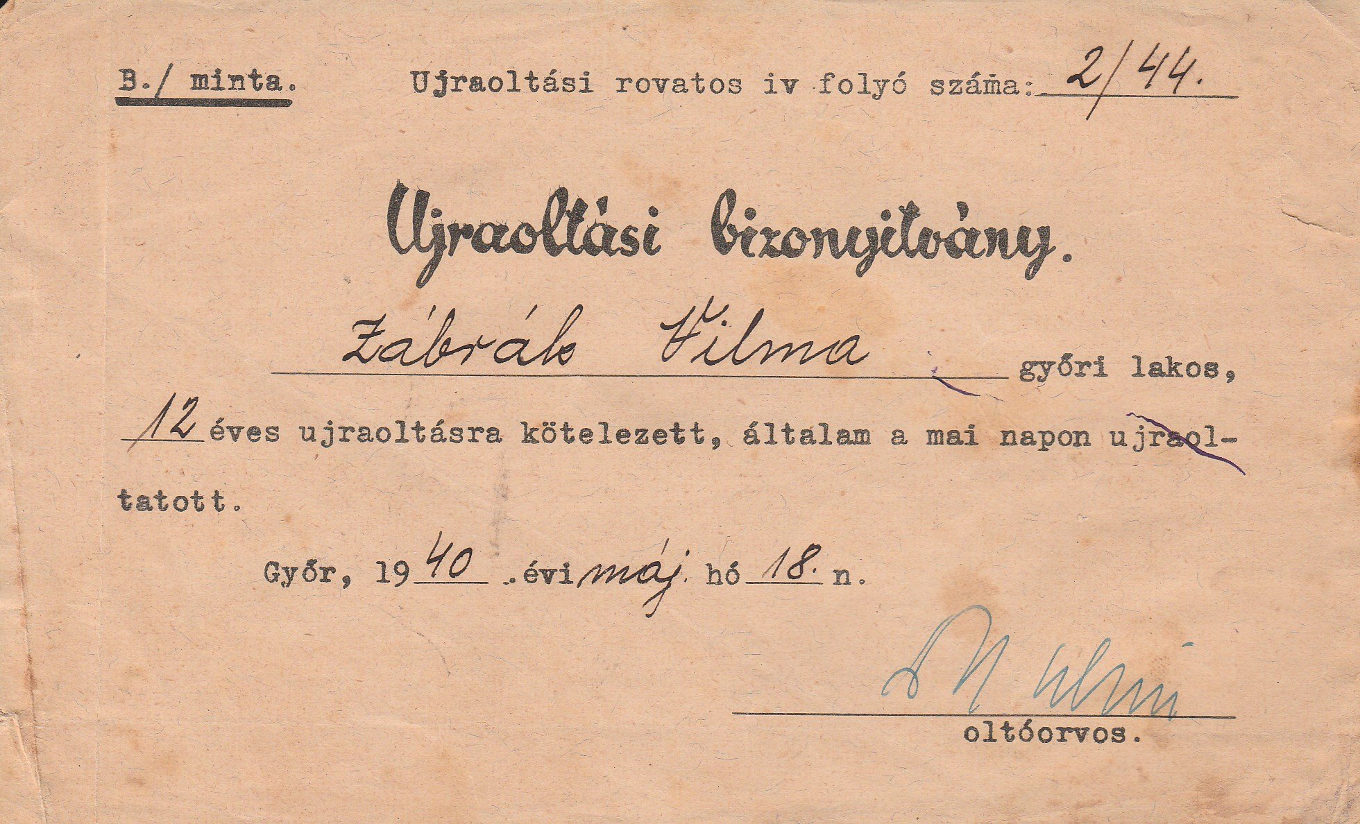 Zábrák Vilma oltási igazolása 1940-ből (Tapolcai Városi Múzeum CC BY-NC-SA)