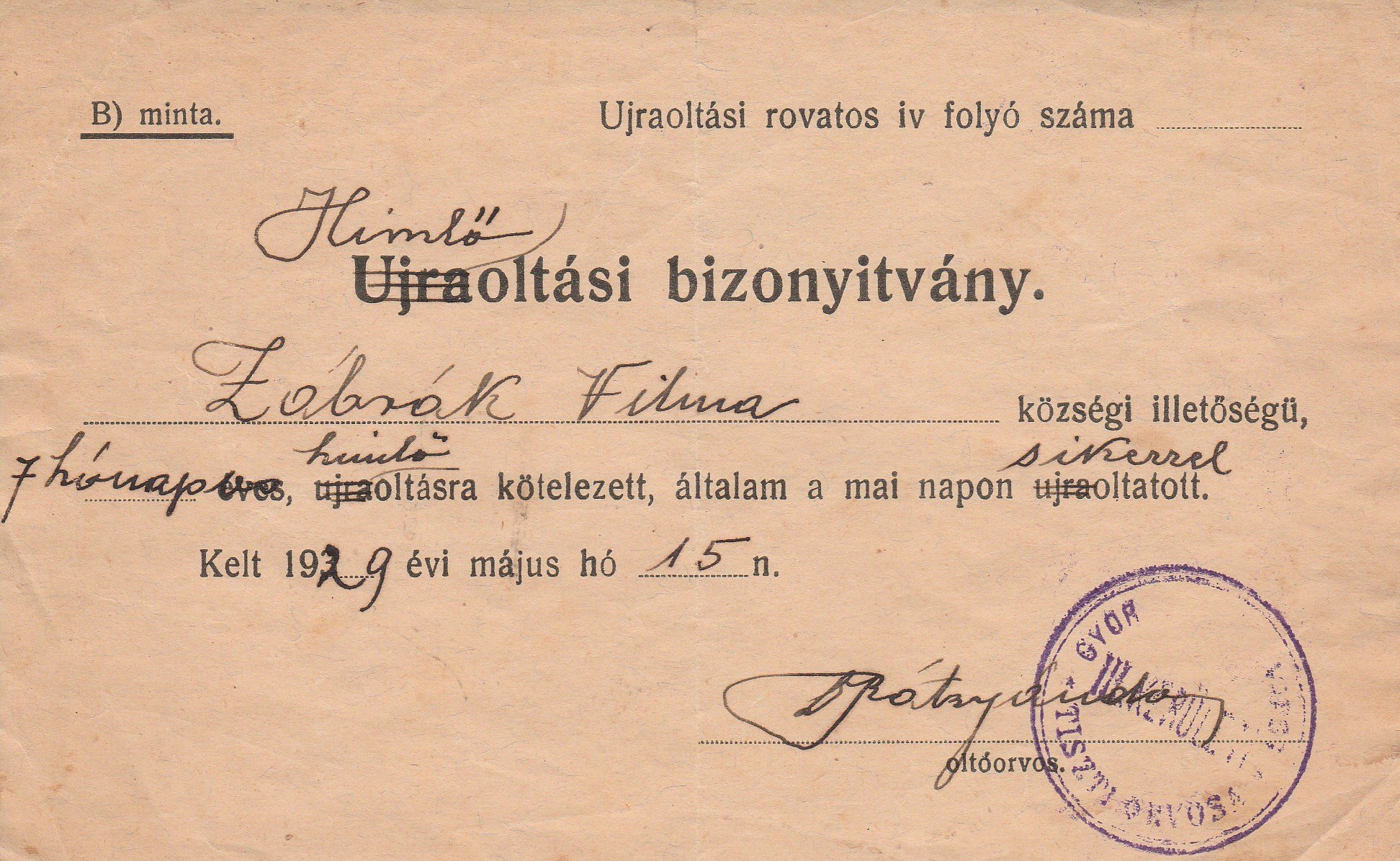 Zábrák Vilma oltási igazolása 1929-ből (Tapolcai Városi Múzeum CC BY-NC-SA)