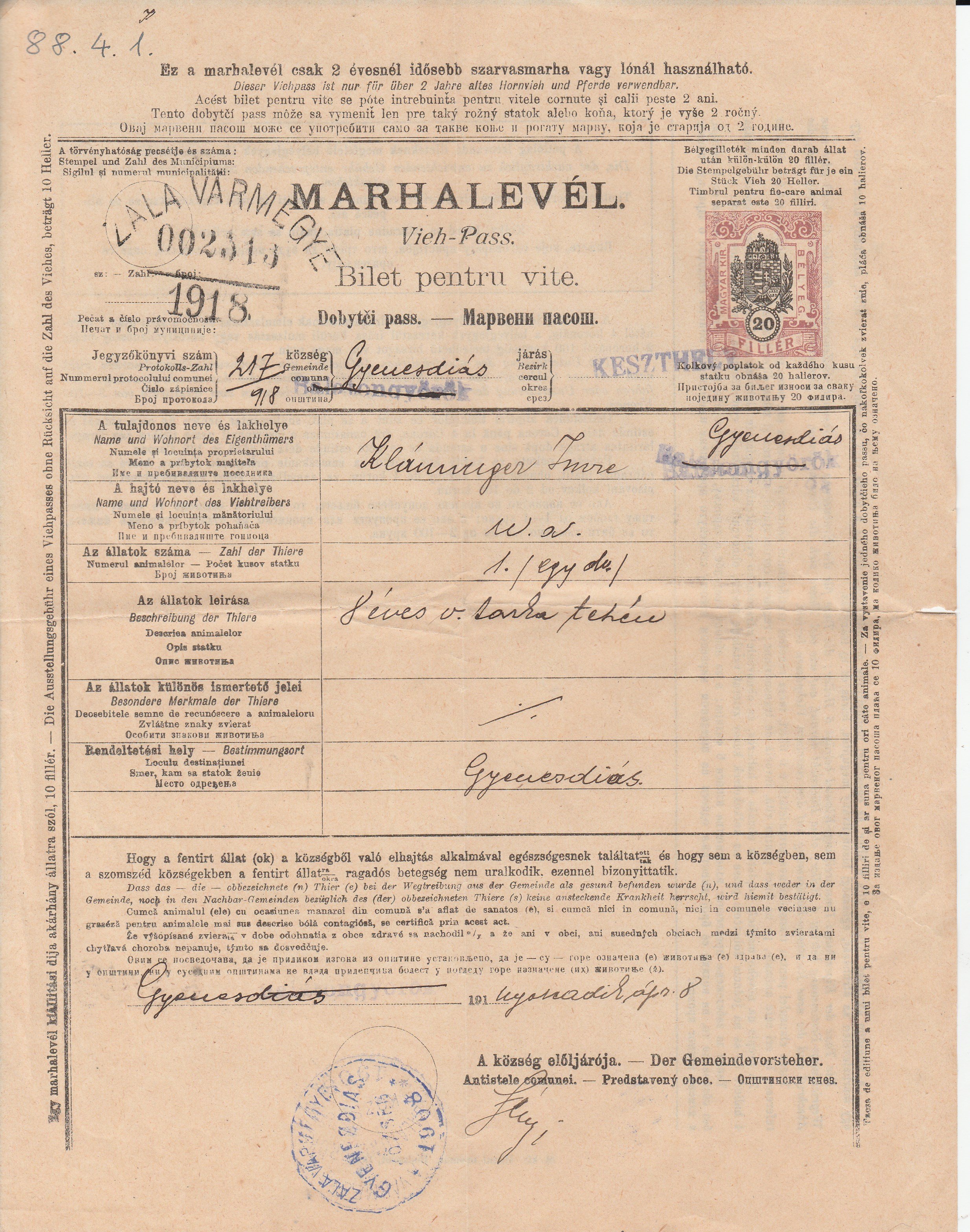 Marhalevél Gyenesdiásról 1918 (Tapolcai Városi Múzeum CC BY-NC-SA)