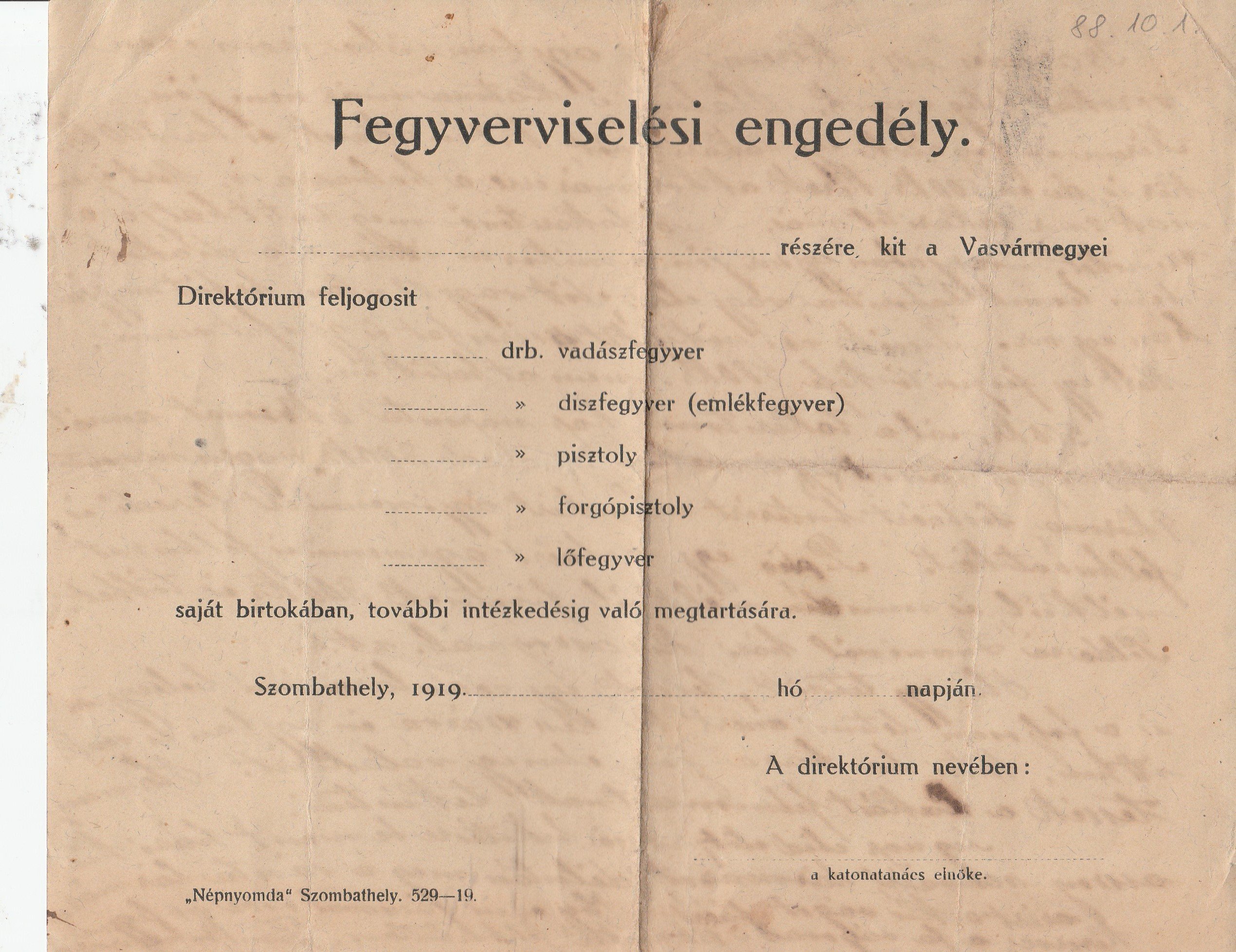Fegyverviselési engedély nyomtatvány 1919-ből, hátoldalán levéllel (Tapolcai Városi Múzeum CC BY-NC-SA)