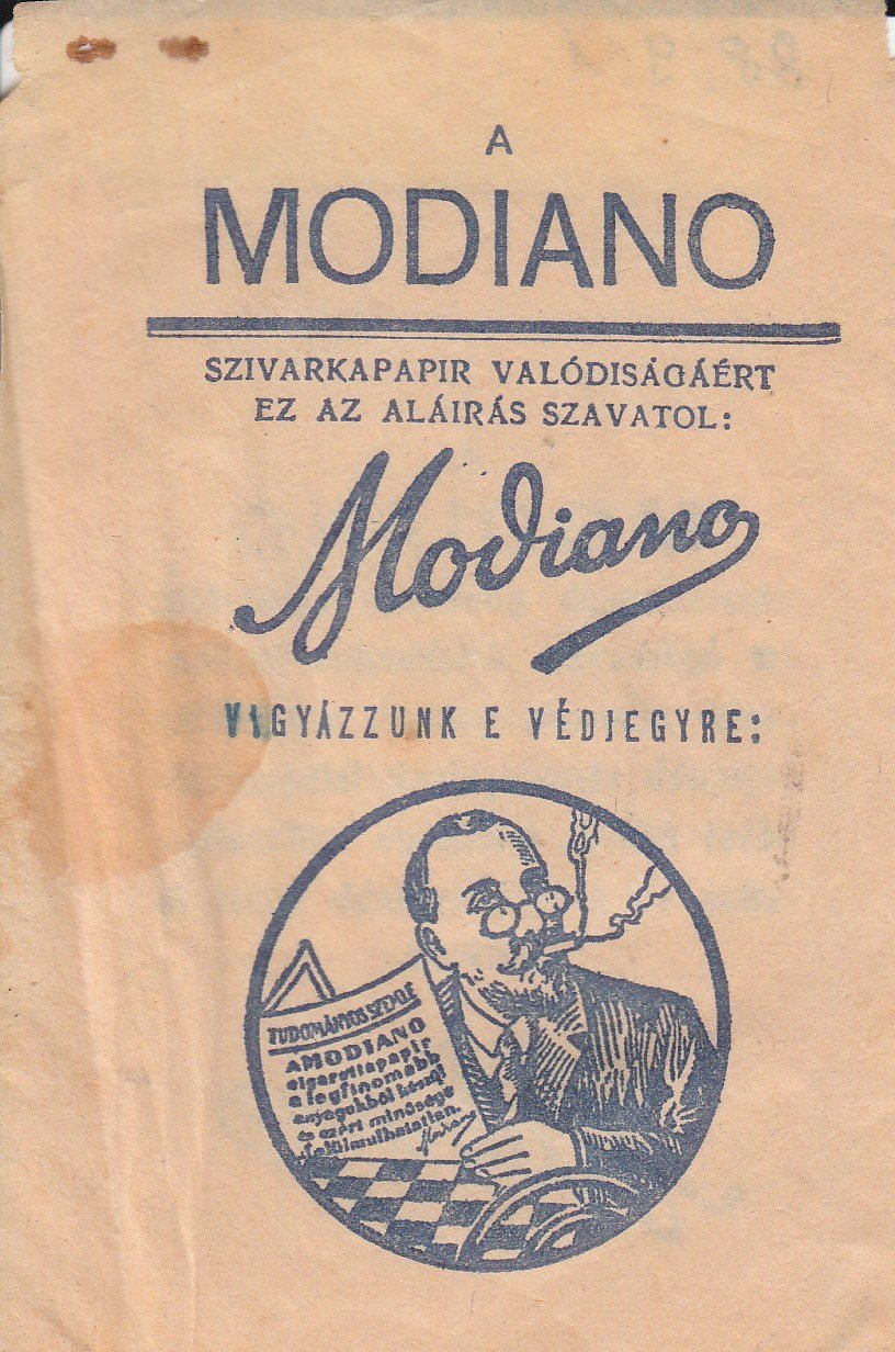 Modiano szivarkapapír tasakja (Tapolcai Városi Múzeum CC BY-NC-SA)