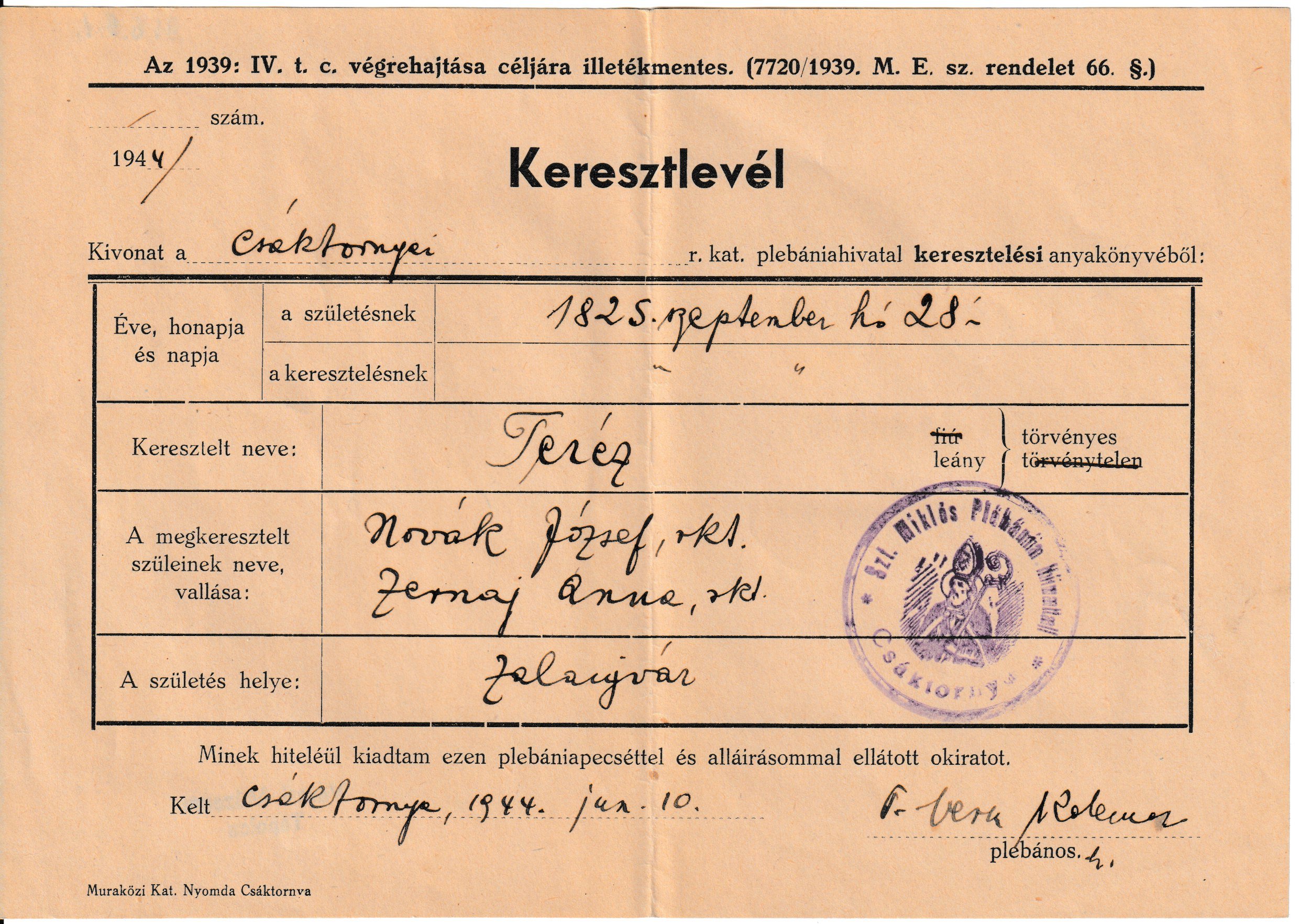 Novák Teréz keresztlevele Csáktornyáról (Tapolcai Városi Múzeum CC BY-NC-SA)