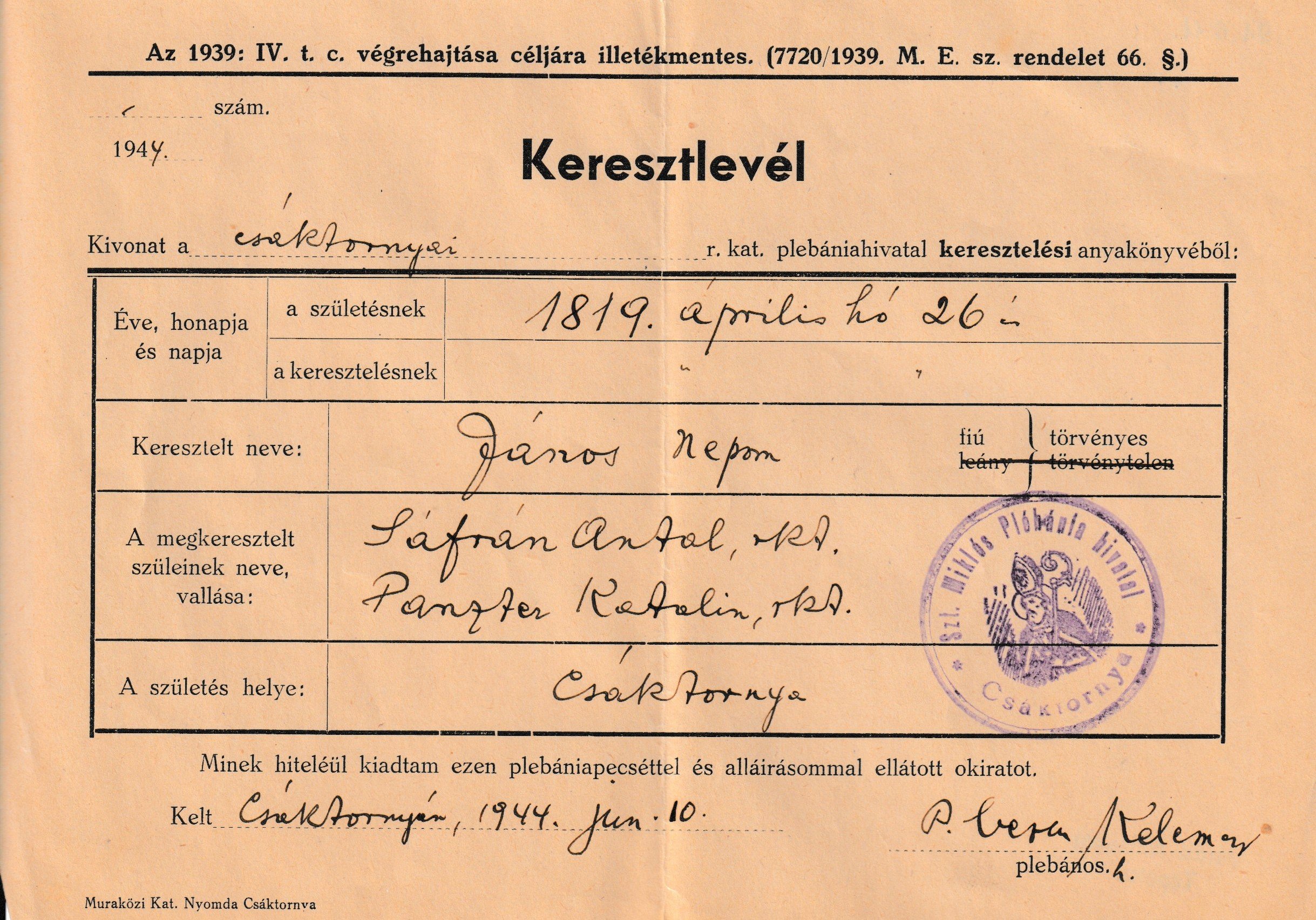 Sáfrán János Nepomuk keresztlevele Csáktornyáról (Tapolcai Városi Múzeum CC BY-NC-SA)