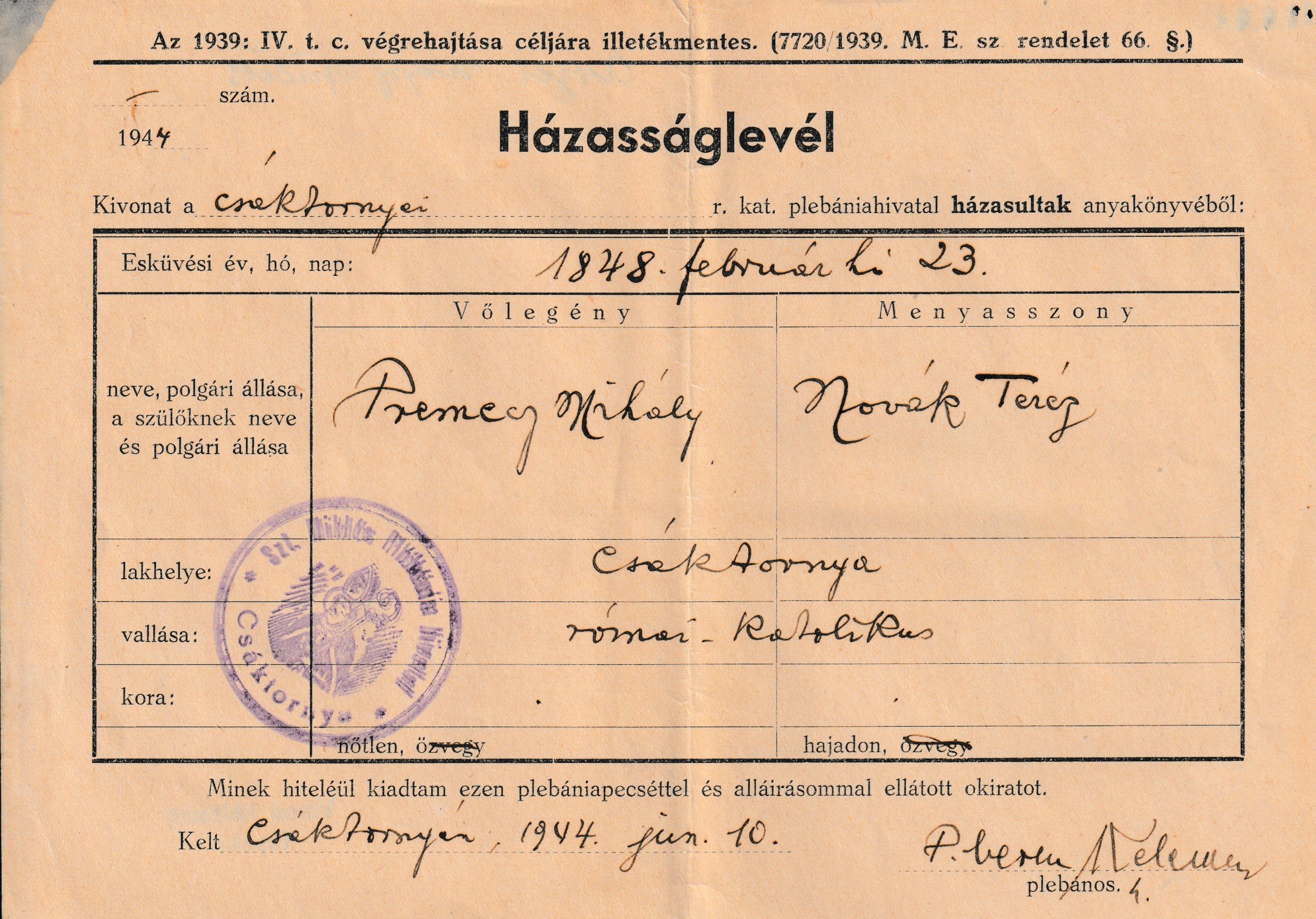 Premeg Mihály és Novák Teréz házasságlevele Csáktornyáról (Tapolcai Városi Múzeum CC BY-NC-SA)