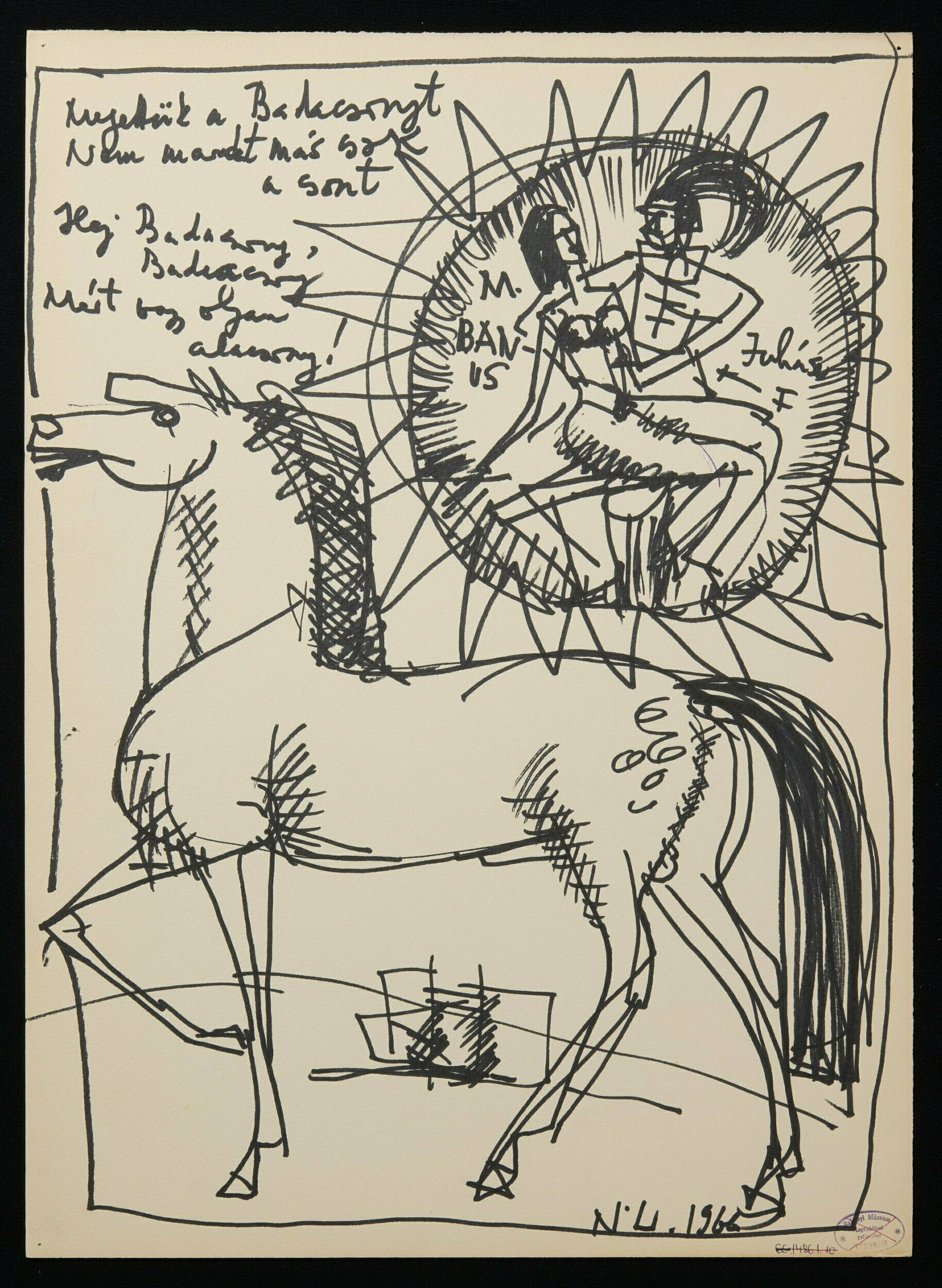 Tréfás rajz juhász ferencről. 'a költő felel' - a magyarországi nemzetközi költőtalálkozó résztvevőinek badacsonyi kirándulásán készült emléksorok. (Laczkó Dezső Múzeum CC BY-NC-SA)